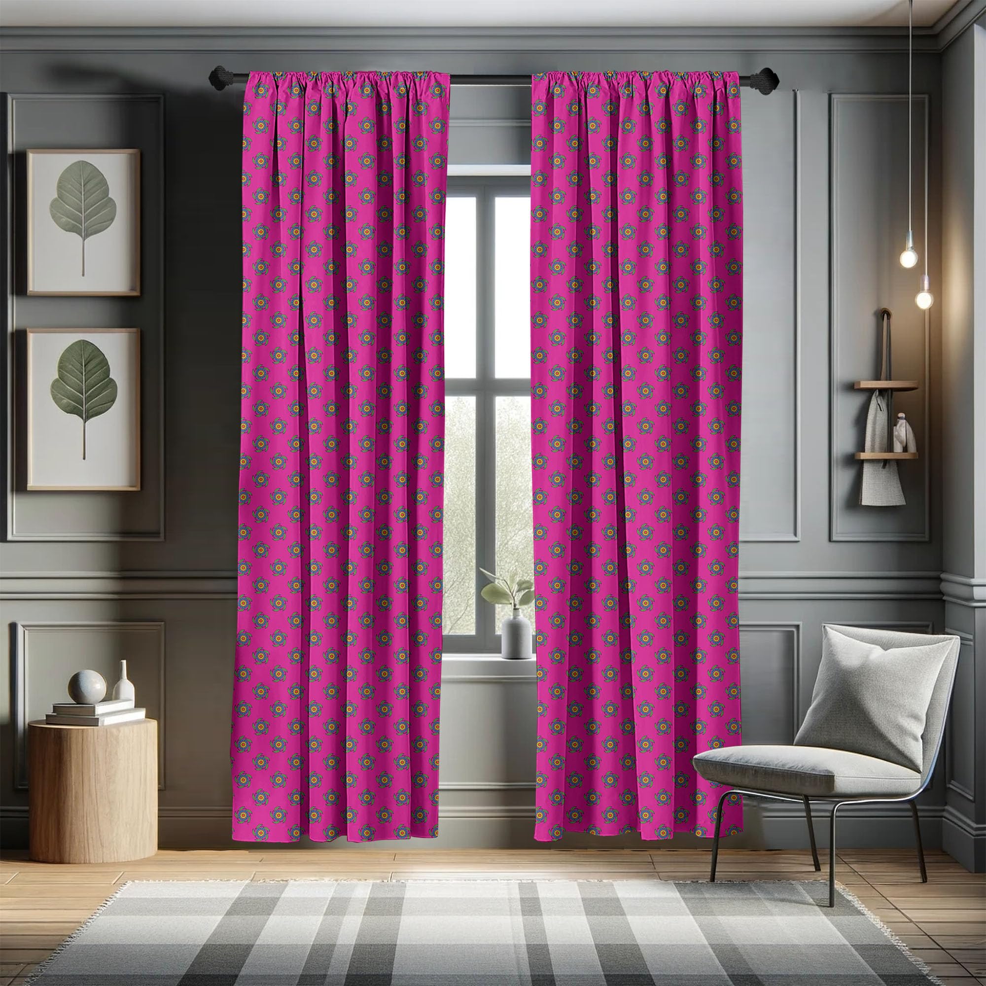 Ambesonne Ethnic Bohemian Curtains - Windmill Inspired Floral Leaf & Polka Dot Design, 2 Panel Set (28