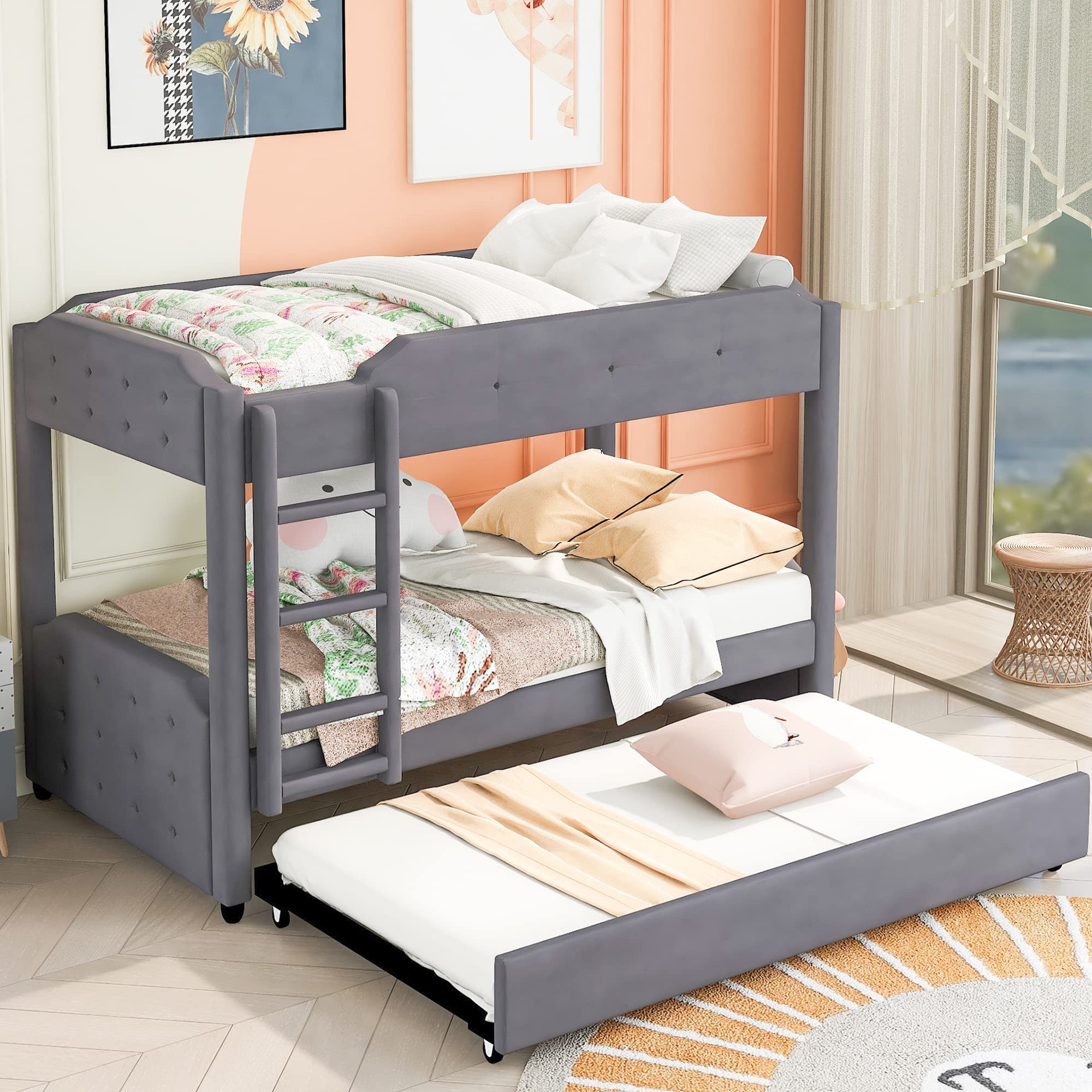 Velvet Gray Twin Over Twin Upholstered Bunk Bed with Trundle - Sturdy Headboard, Footboard & Safety Guardrails | Space-Saving Kids Bedroom Solution for Small Rooms & Guest Sleepovers
