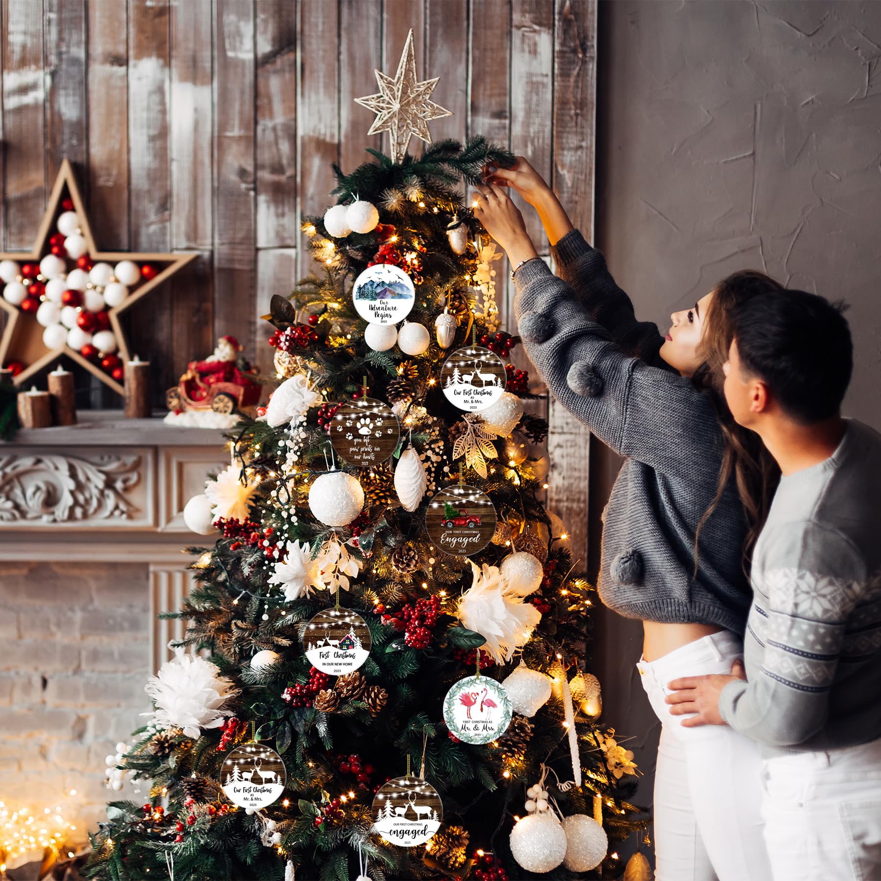 2024 Christmas Tree House Ornament for Newlywed Couples - White & Brown New Home Decoration Gift | Perfect for First Christmas Together, Housewarming & Holiday Decor