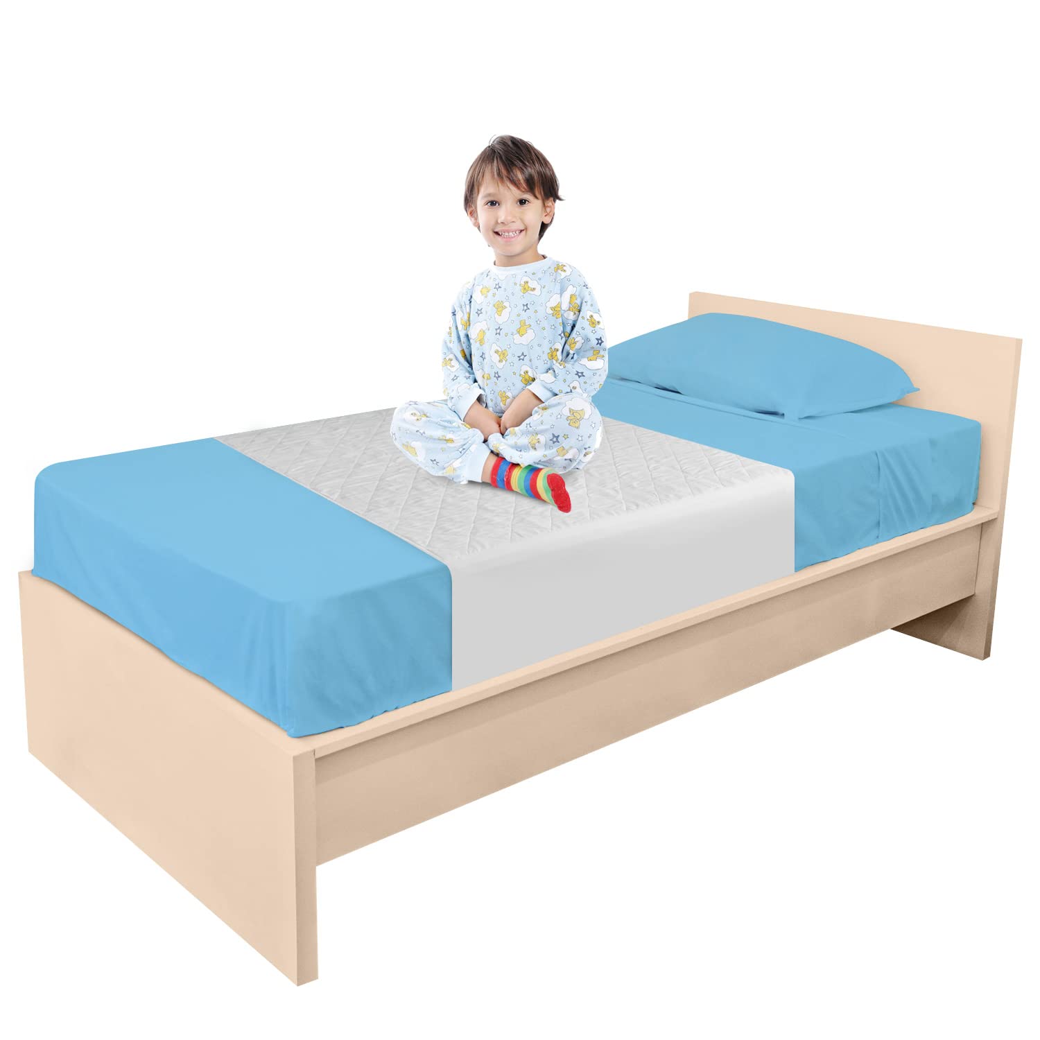 BrightCare Waterproof Bed Pad for Kids - Twin Size Washable Reusable Underpad with Tuck-in Sides - Gentle Bedwetting Protection for Potty Training - Perfect for Daycare, Sleepovers & Travel