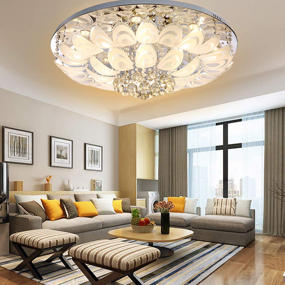 OUKANING 31.5 Inch Modern K9 Crystal Chandelier Ceiling Fan with LED Lights & Remote Control - Luxury Flush Mount Lighting Fixture for Living Room, Dining Room, Bedroom | Energy Efficient Dimmable Ceiling Lamp for Home Decor & Interior Design