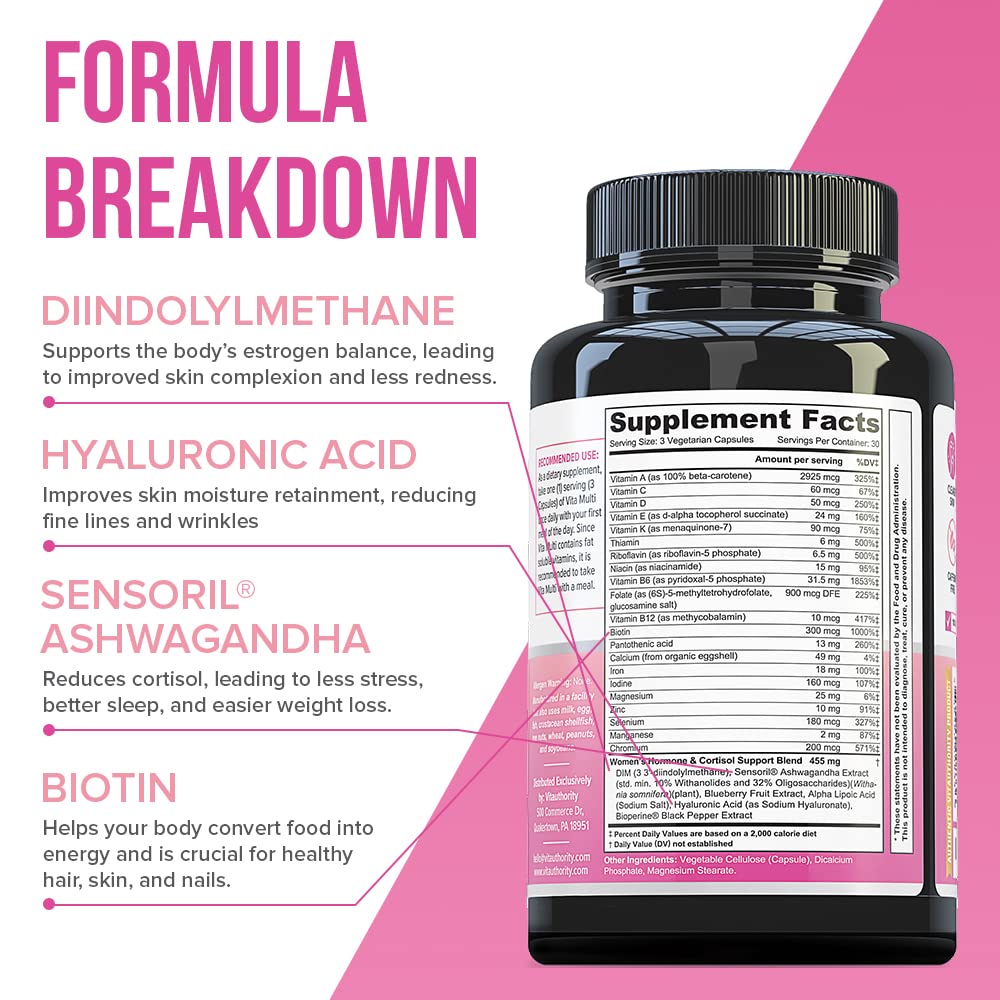 VITA Multi Multivitamin for Women - Daily Multi-Vitamin Supplement with DIM, Iodine & Ashwagandha | Supports Youthful Skin, Cortisol Balance & Hormone Health | 30 Day Supply | Perfect for Busy Professionals & Active Lifestyles