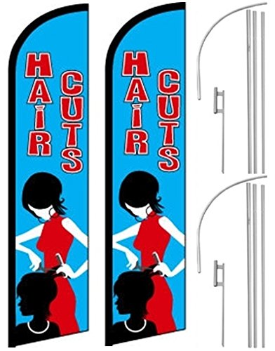 2 Windless Swooper Feather Banner Flags for Haircuts - Includes Poles & Ground Spikes - Perfect for Barber Shops, Salons, and Outdoor Events