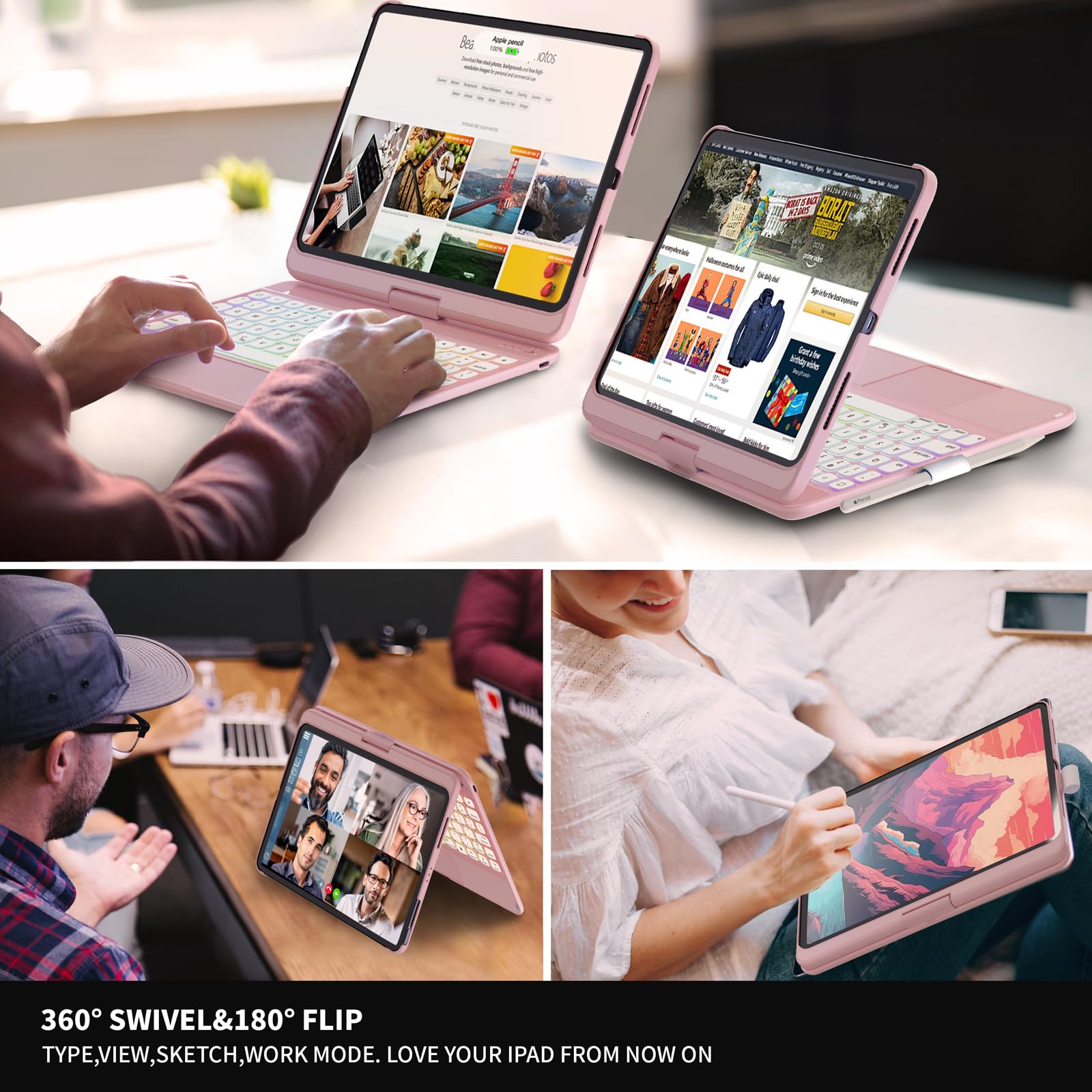 BABG iPad Air 11 (M2, 2024) & iPad Pro 11 Case with 360° Swivel Stand, Backlit Keyboard & Multi-Trackpad - Rose Gold - Perfect for Work, Study & Travel