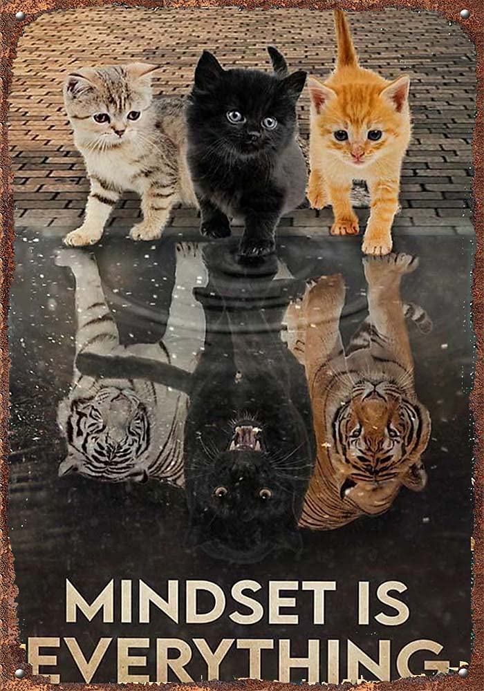 Vintage Retro Tin Cat Poster - Mindset is Everything, Tiger Cat Print, Cute Cat Wall Art (8x12 Inch) - Perfect Gift for Cat Lovers & Home Decor for Living Room, Bedroom, Office