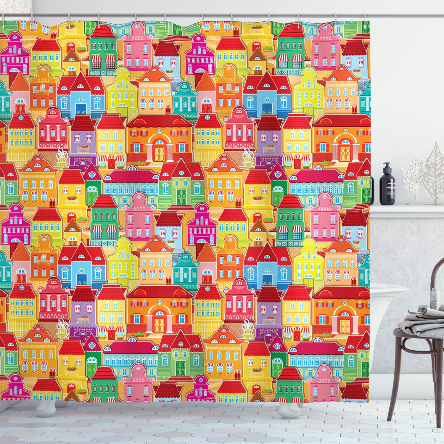 Ambesonne Cityscape Cartoon Shower Curtain - European Architecture Art with Pillars & Fountains, Urban View Bathroom Decor Set with Hooks, 69x70 Inch Multicolor Fabric - Perfect for Modern Bathrooms & Kids' Room Themes