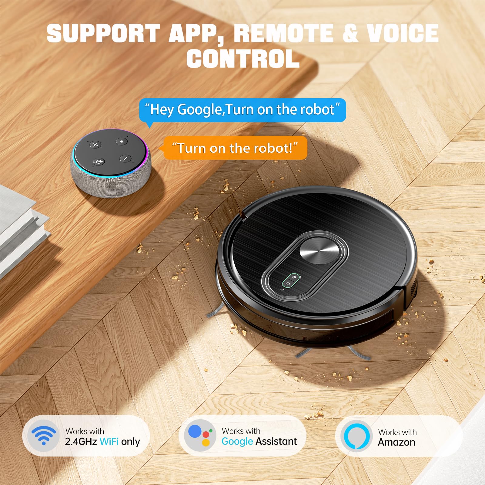 Smart Robot Vacuum and Mop Combo 3-in-1 - 1600Pa Strong Suction, Self-Charging, App/Bluetooth/Remote Control - Slim Design for Hard Floors, Pet Hair & Carpets - Perfect for Daily Home Cleaning & Pet Owners