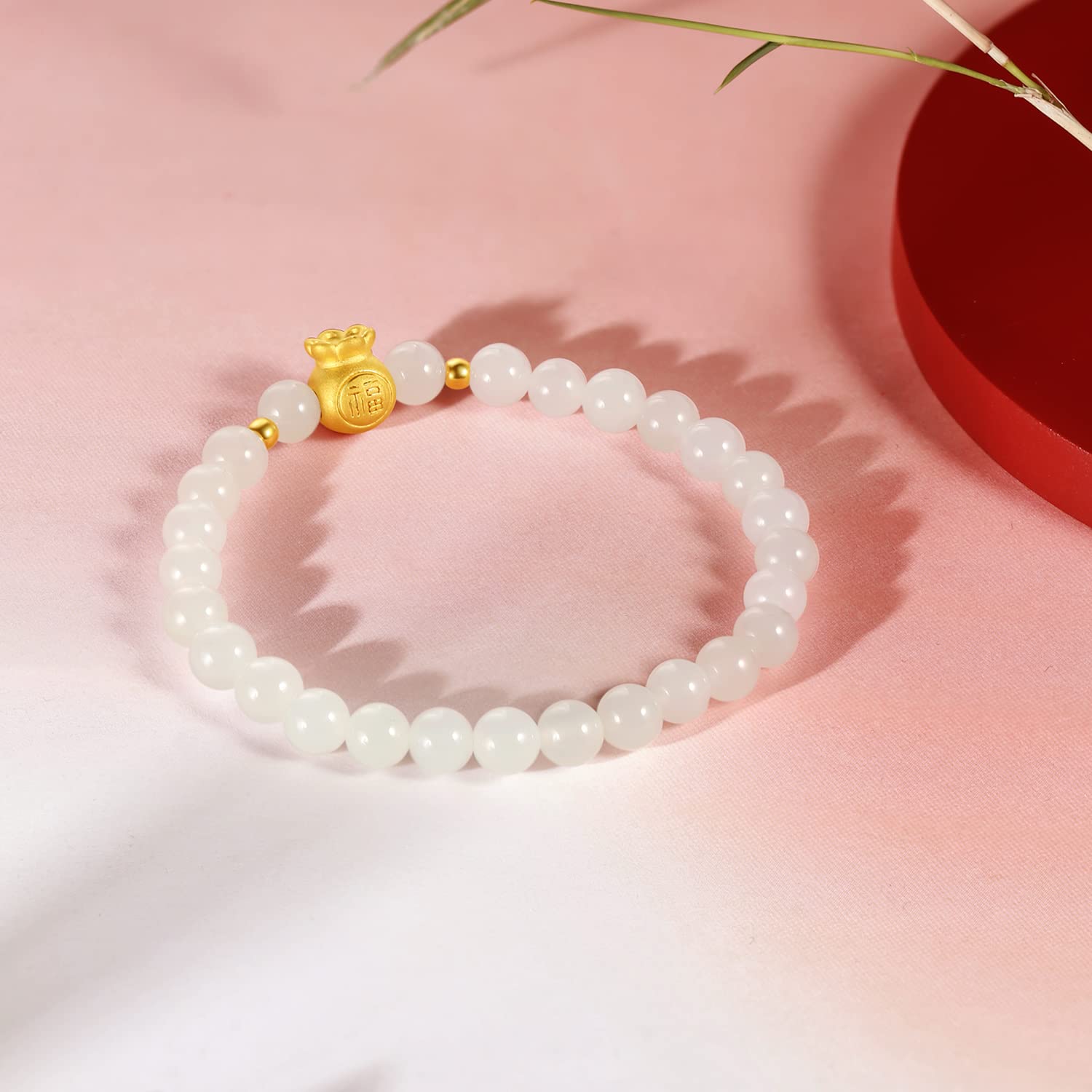 24K Solid Gold Bracelet for Women & Men - Real Pure Gold Jewelry with Fortune Bag Gourd Charm & White Jade Beads - Elegant Unisex Gift for Teen Girls, Birthday, Anniversary - Perfect for Daily Wear, Special Occasions & Wealth Attraction