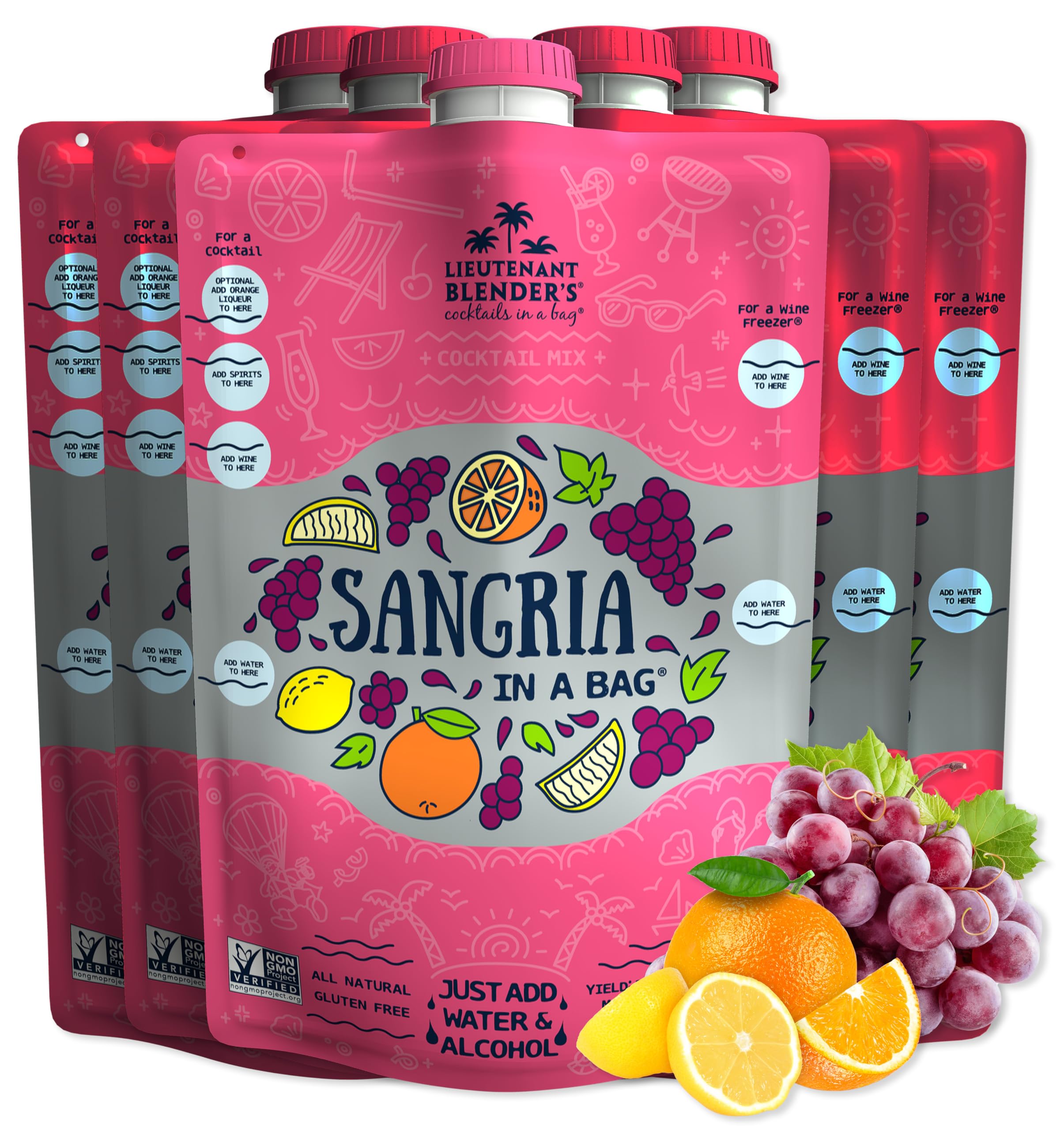 Lt. Blender's Sangria in a Bag – Premium Wine Slushie Mix – Makes 1/2 Gallon Frozen Red Sangria – Non-GMO, Gluten-Free Cocktail Mixer – Perfect for Parties, BBQs & Summer Gatherings – (Pack of 5)