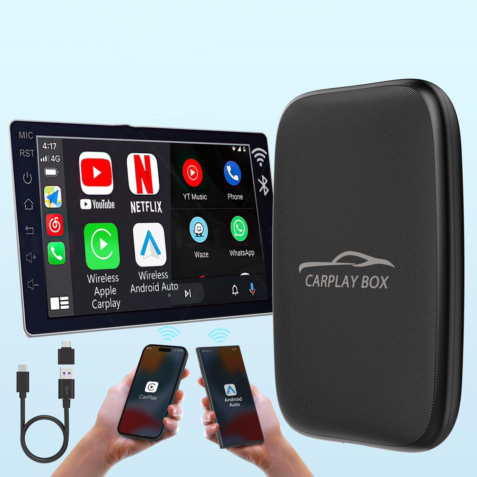 2 in 1 Wireless CarPlay & Android Auto Adapter for iPhone - Plug & Play USB Dongle to Convert Wired to Wireless - Compatible with Cars Since 2015 - Built-in Netflix & YouTube Support - Perfect for Commuting, Road Trips & Entertainment on the Go