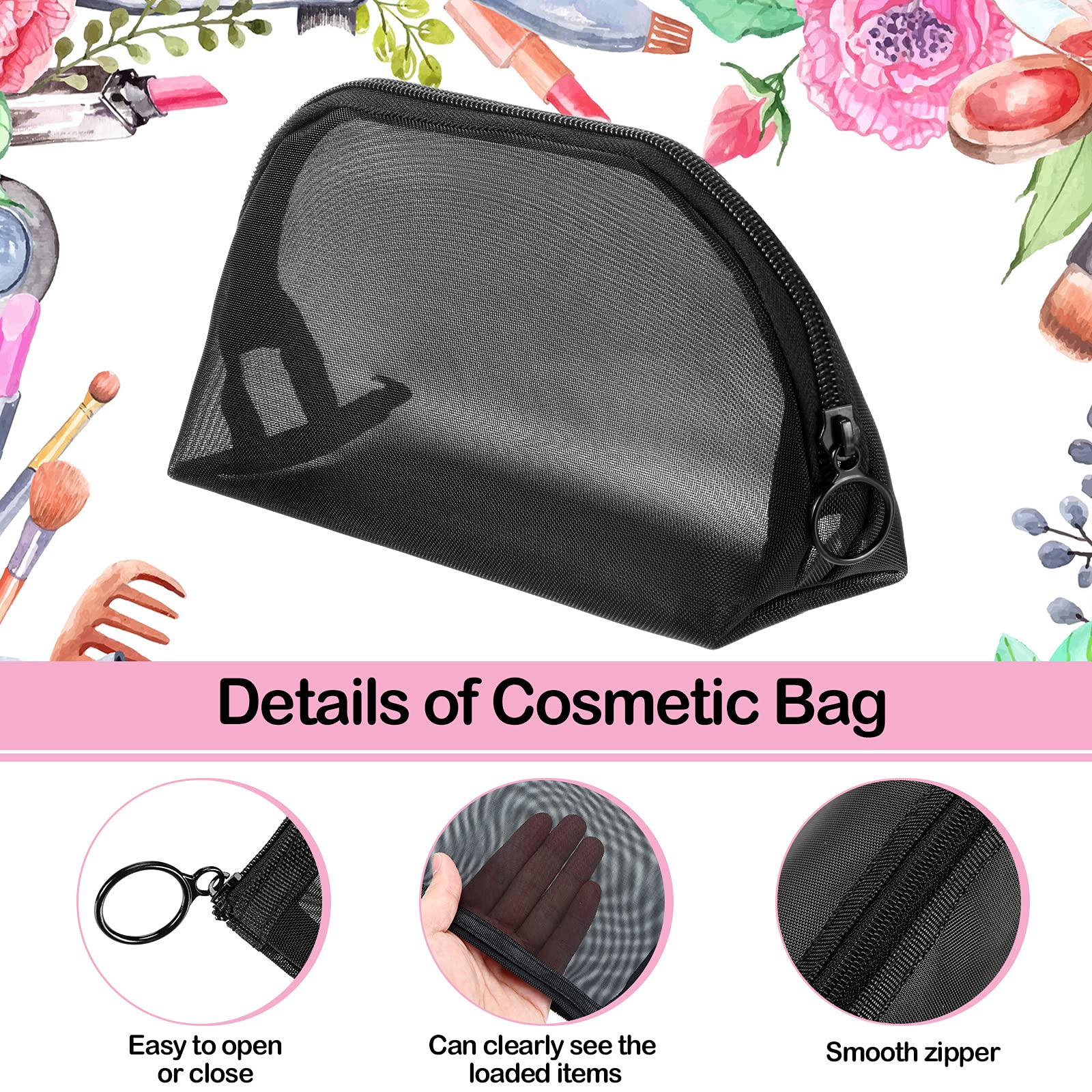 6-Piece Black Mesh Zipper Pouch Set - Breathable Travel Toiletry Bags for Cosmetics, Jewelry & Essentials - Perfect for Home, Office & Vacation Organization (Portable Storage Solution)