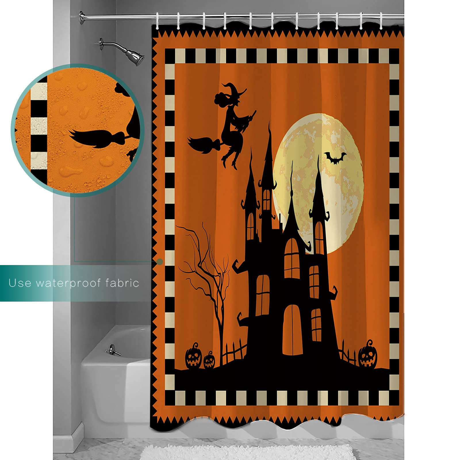 Halloween Witch Flying to Moon Haunted House Bats Fabric Shower Curtain Set with Hooks - 72x72 Inch Waterproof Bathroom Decor for Spooky Bath, Halloween Party & Gothic Home Decor