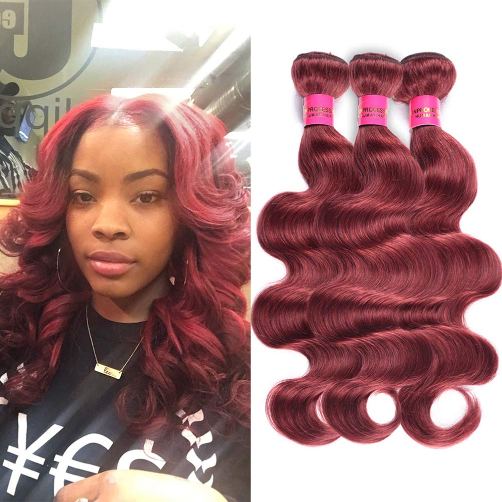 WOME Peruvian Virgin Human Hair Bundles - 3 Bundles Body Wave 8A Hair Extensions in Wine Red (#33) for Styling & Volume - 14