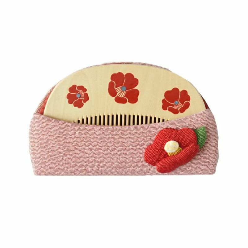 Handmade Japanese Maki-e Urushi Lacquer Tsuge Boxwood Hair Comb with Chirimen Crepe Fabric Case - Kyoto Traditional Craft, Camellia Design - Perfect for Weddings, Tea Ceremonies & Kimono Styling