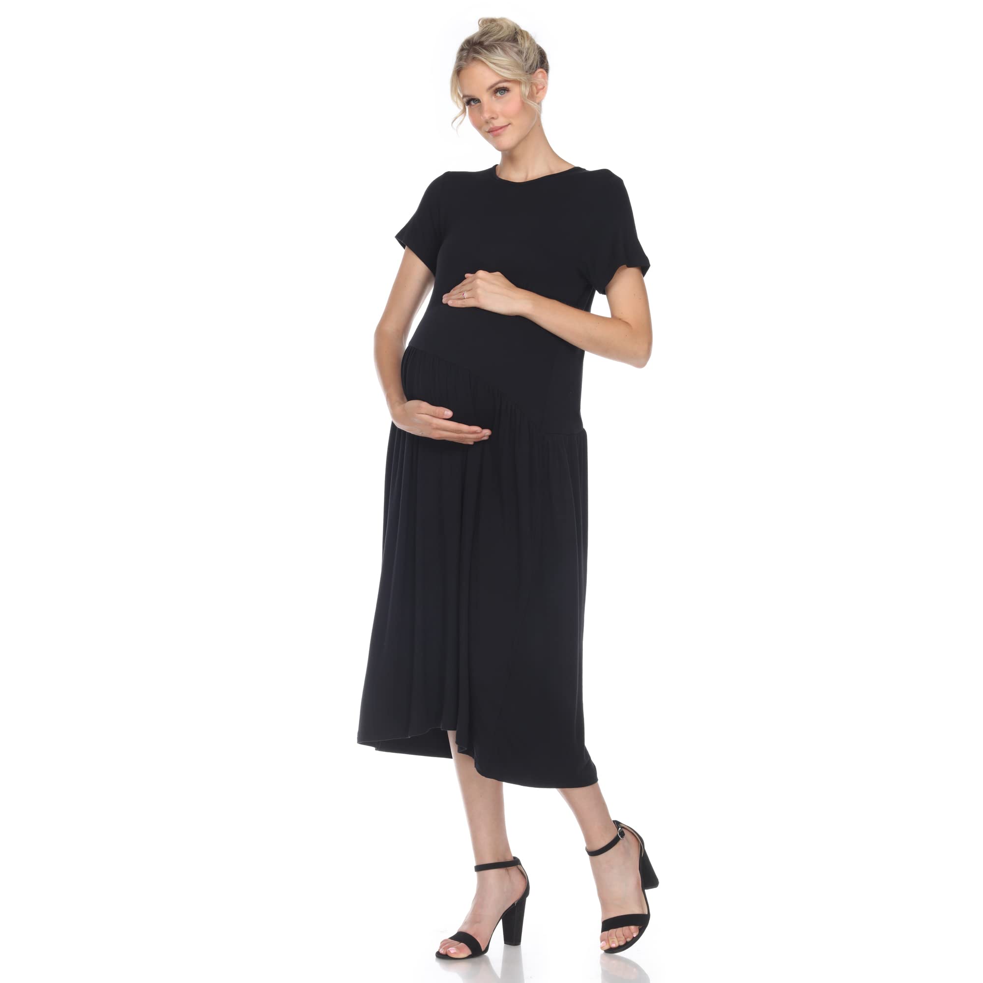 White Mark Women's Maternity Short Sleeve Jewel Neck Midi Dress - Comfortable Pregnancy Clothes for Casual Wear, Baby Shower & Maternity Photos
