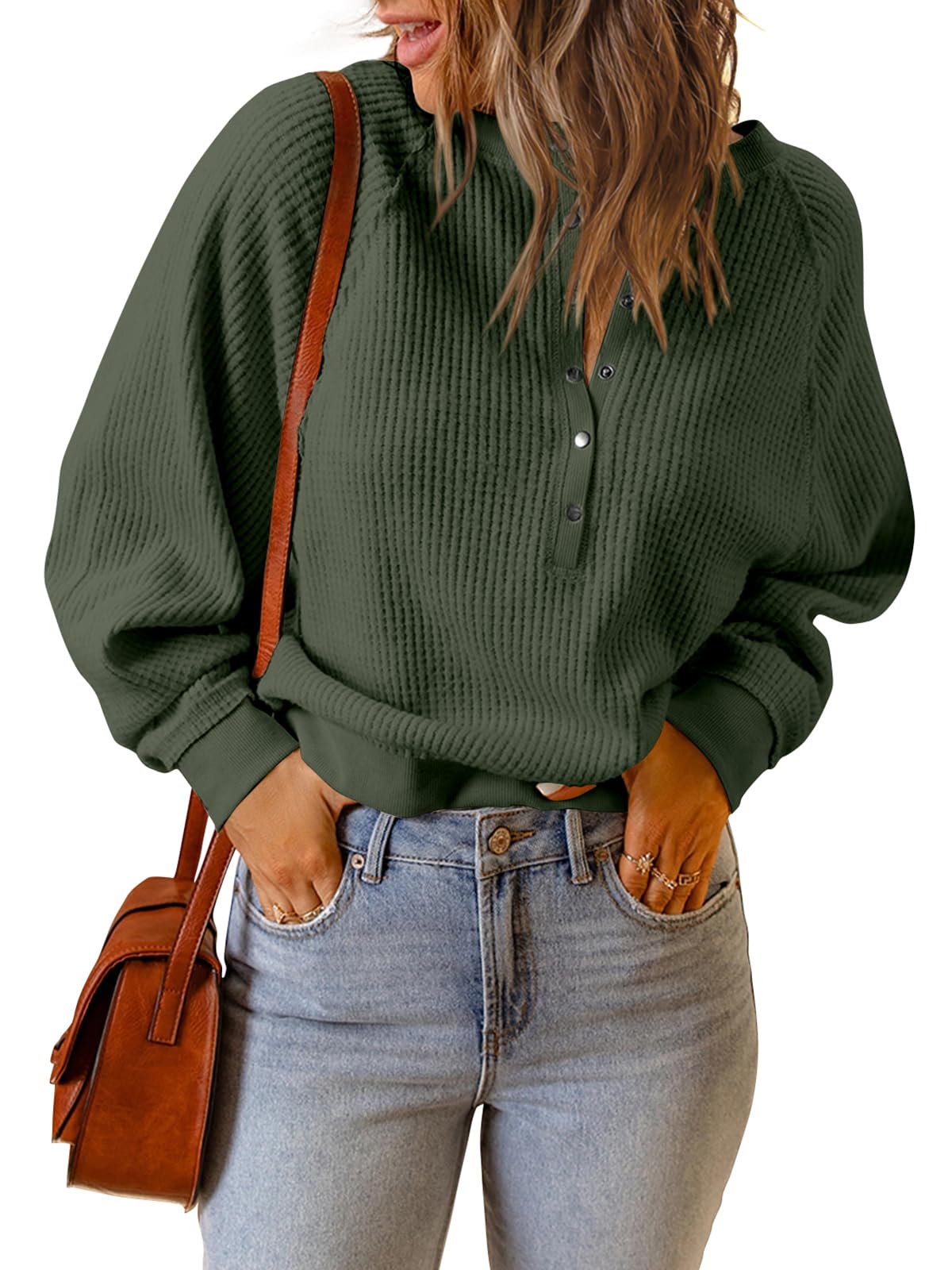 PRETTYGARDEN Women's Long Sleeve Waffle Knit Sweater - Soft Button Down Pullover V-Neck Loose Crop Top for Fall & Winter | Casual Outfits, Layering, Office Wear & Date Nights