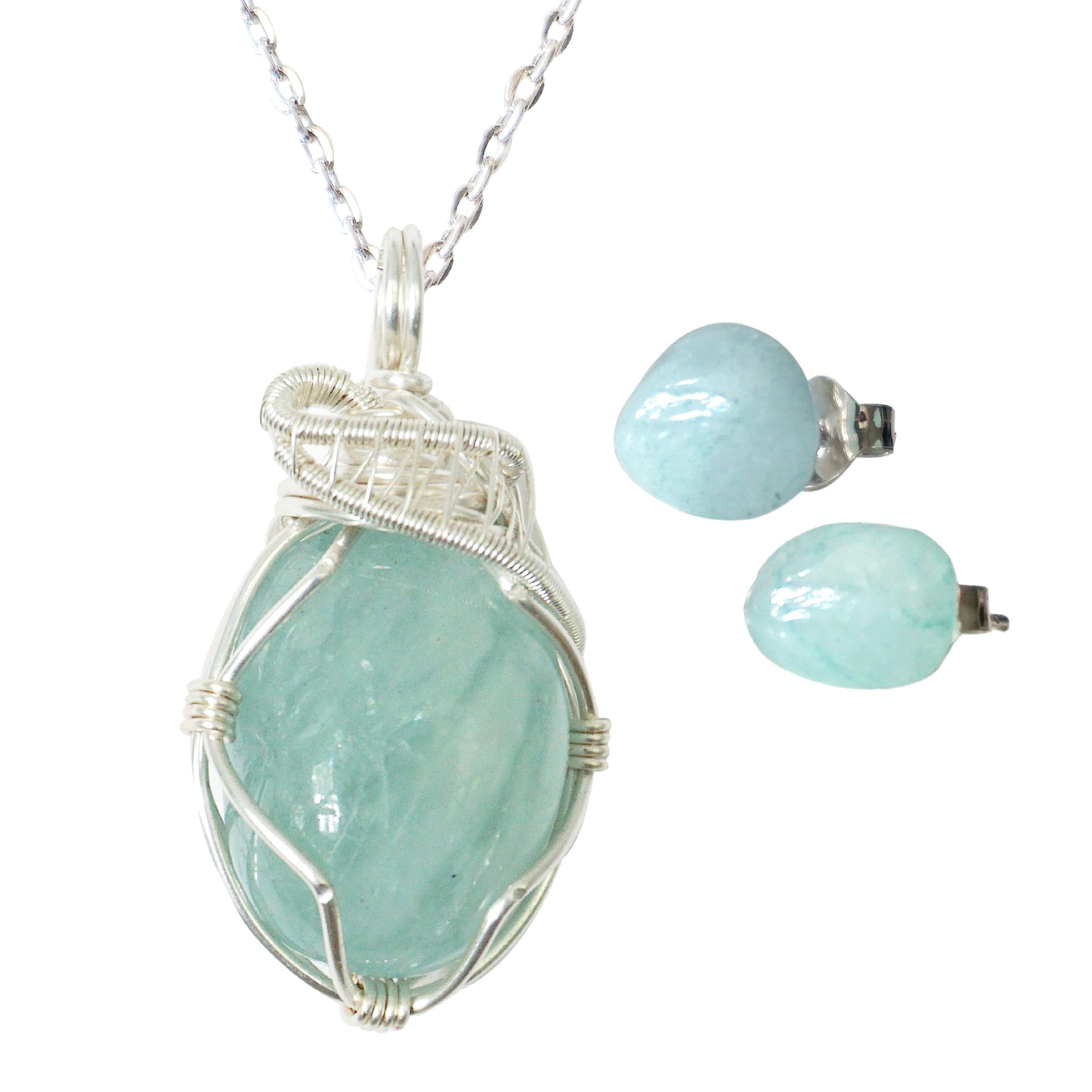Handmade Aquamarine Jewelry Set for Women - Silver Plated 24 Inch Chain, Wire Wrapped Pendant & Earrings, March Birthstone Gift Box | Perfect for Birthdays, Anniversaries & Special Occasions