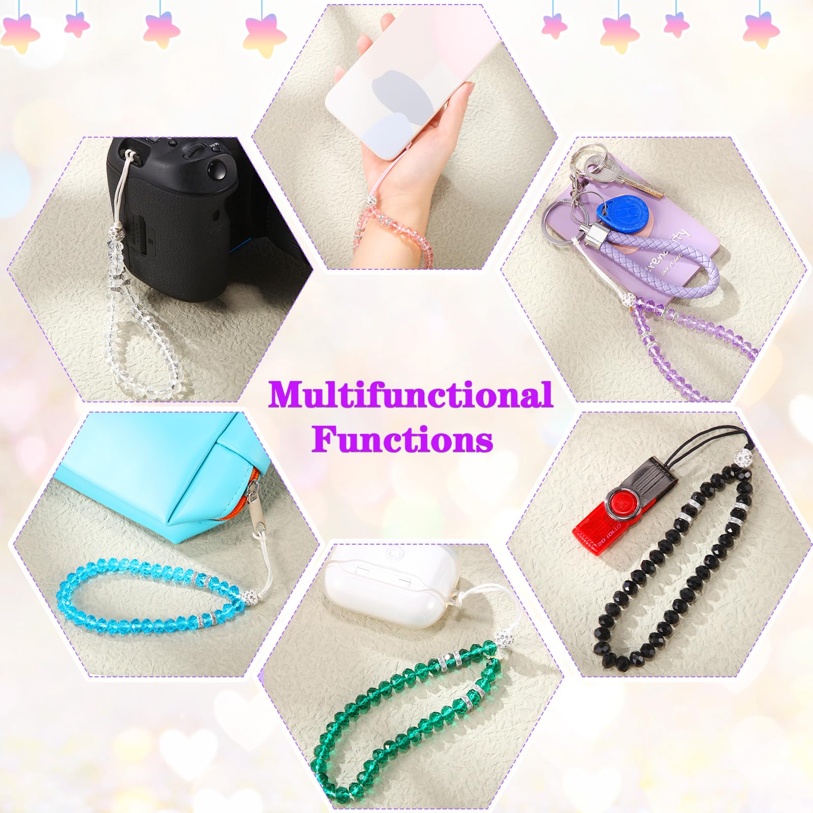 6Pcs Beaded Phone Lanyard - Crystal Charm Wrist Strap for Women (Classic Colors) - Perfect for Parties & Daily Use