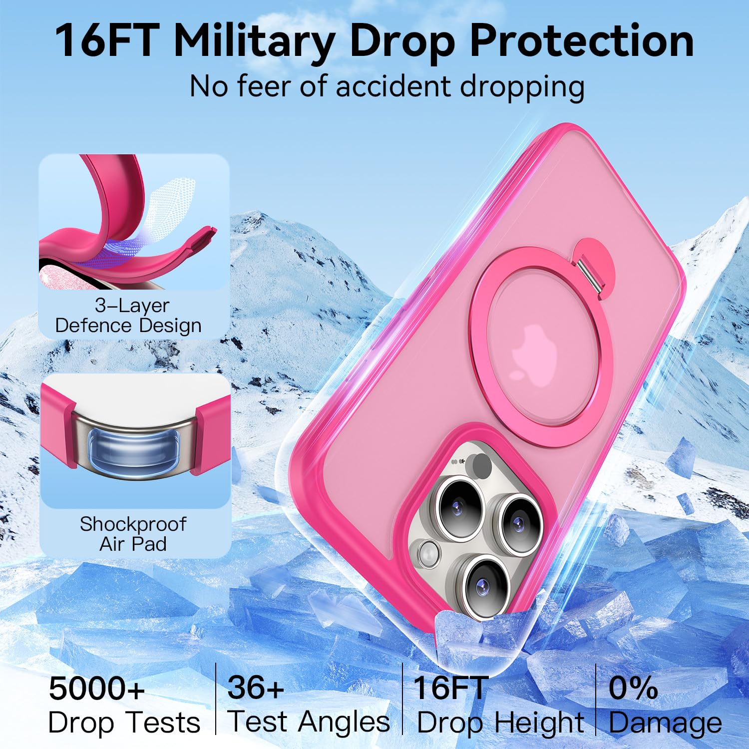 Genuine Magnetic Ring Stand Case for iPhone 15 Pro Max | Military-Grade Drop Protection & MagSafe Compatible | Shockproof Matte Translucent Slim Cover 6.7 Inch 2023 (Rose Red) | Perfect for Work, Travel & Everyday Protection