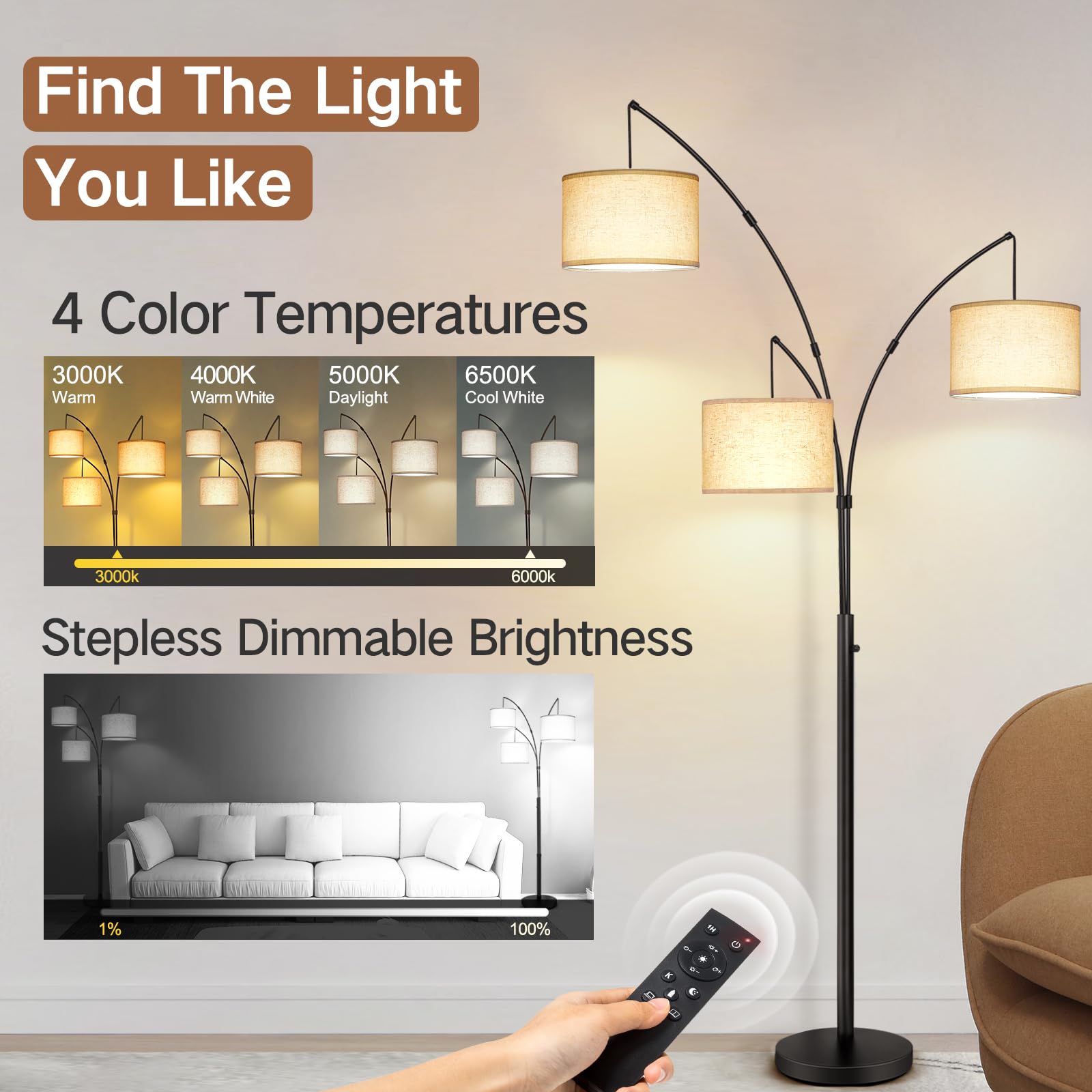 OUTON Arc LED Floor Lamp with Remote Control - Dimmable Modern Black 3-Light Arched Tall Standing Lamp | Adjustable Mid-Century Design for Bedroom, Office & Living Room | Beige Lampshade | Perfect for Reading, Working & Creating Ambient Lighting