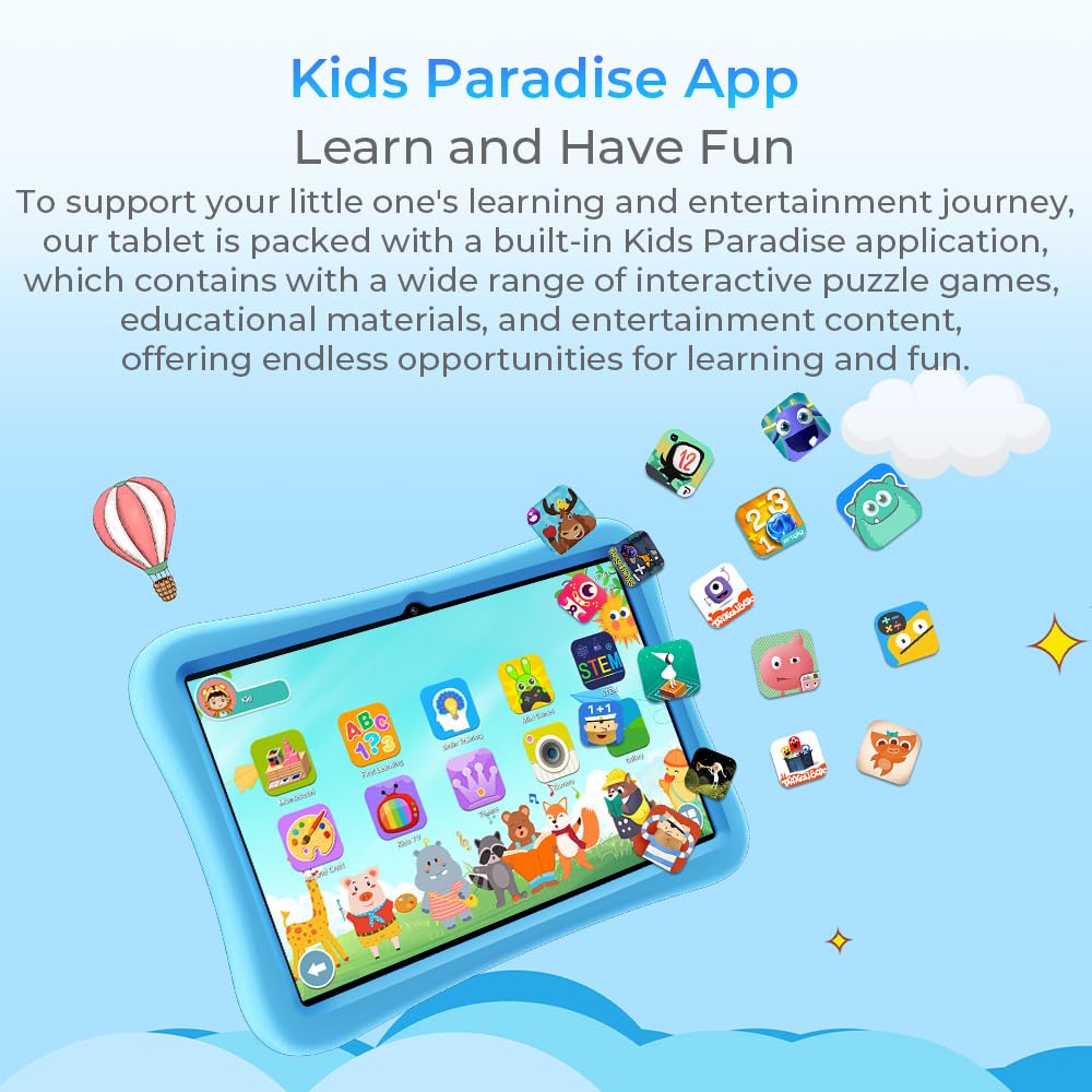 OUKITEL OT6 Kids Tablet - 10 Inch HD Display, 16GB RAM + 64GB ROM, Android 13, 8000mAh Battery with Parental Control | Bluetooth 5.0, Preloaded Educational Games, Durable Blue Design - Perfect for Learning, Entertainment & Travel
