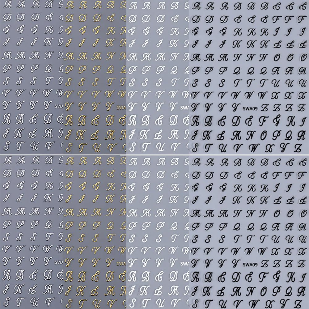 3D Old English Letter Nail Stickers - 8 Sheets Gold Silver Black White Retro Nail Decals for Women & Girls Manicure