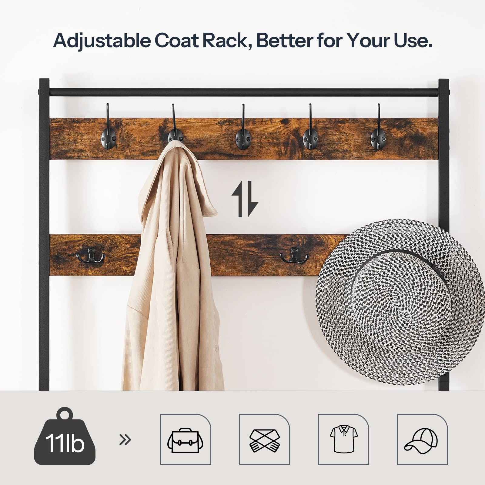 HOOBRO Hall Tree with Bench - Rustic Brown & Black Entryway Coat Rack, Shoe Storage Organizer with 4 Tiers, 9 Hooks & 2 Fabric Drawers - Perfect for Mudroom, Foyer or Small Space Organization