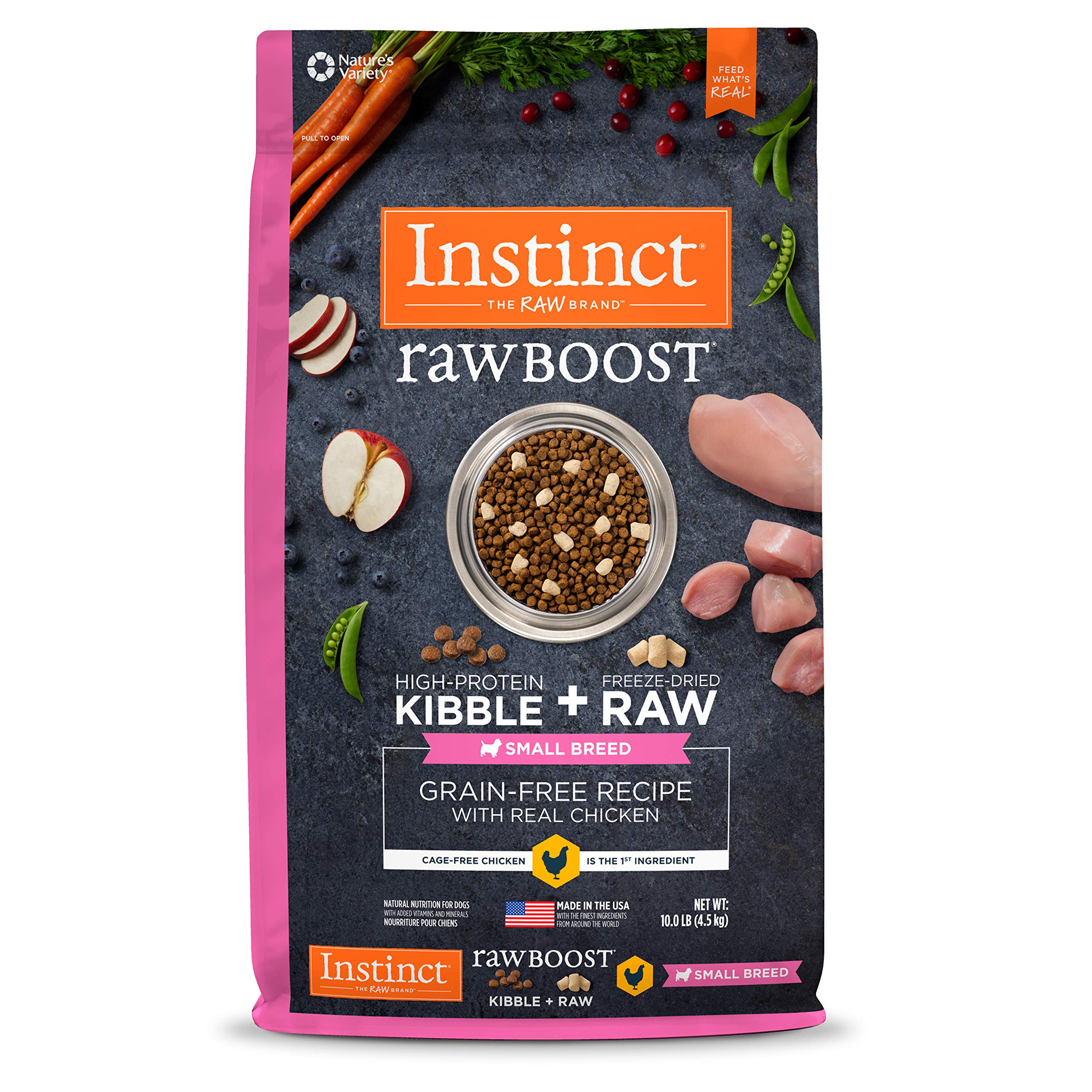 Instinct Raw Boost Small Breed Grain Free Dry Dog Food with Freeze Dried Chicken Pieces - Natural High Protein Recipe for Small Dogs, 10 lb Bag - Perfect for Active Small Breeds & Picky Eaters at Home or Travel