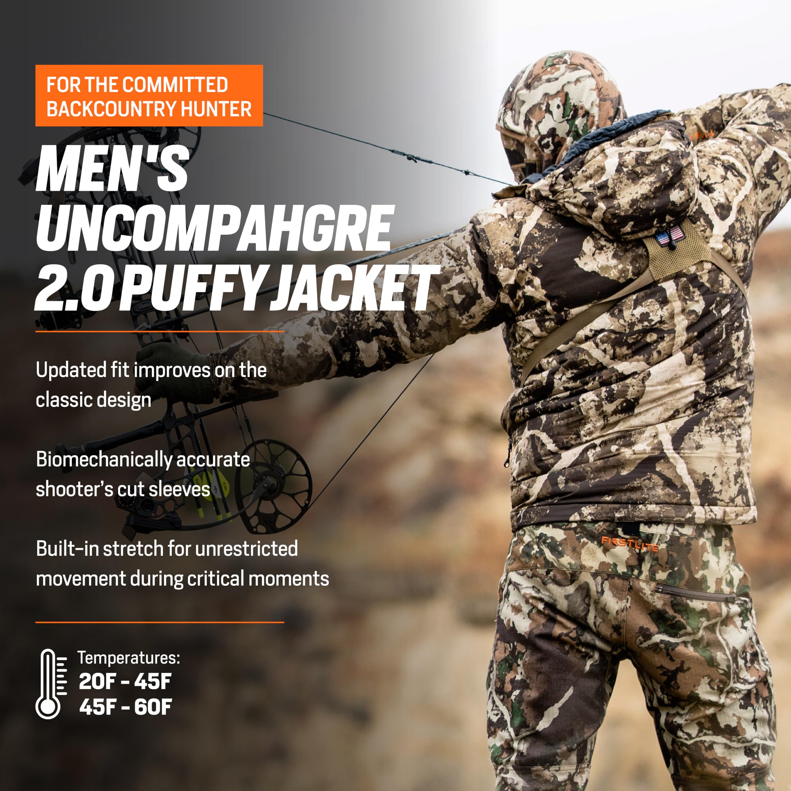 First Lite Men's Uncompahgre 2.0 Puffy Jacket - Lightweight Insulated Camo Hunting Coat, Waterproof Outdoor Gear for Cold Weather Hunting & Hiking | Perfect for Winter Adventures & Wilderness Exploration