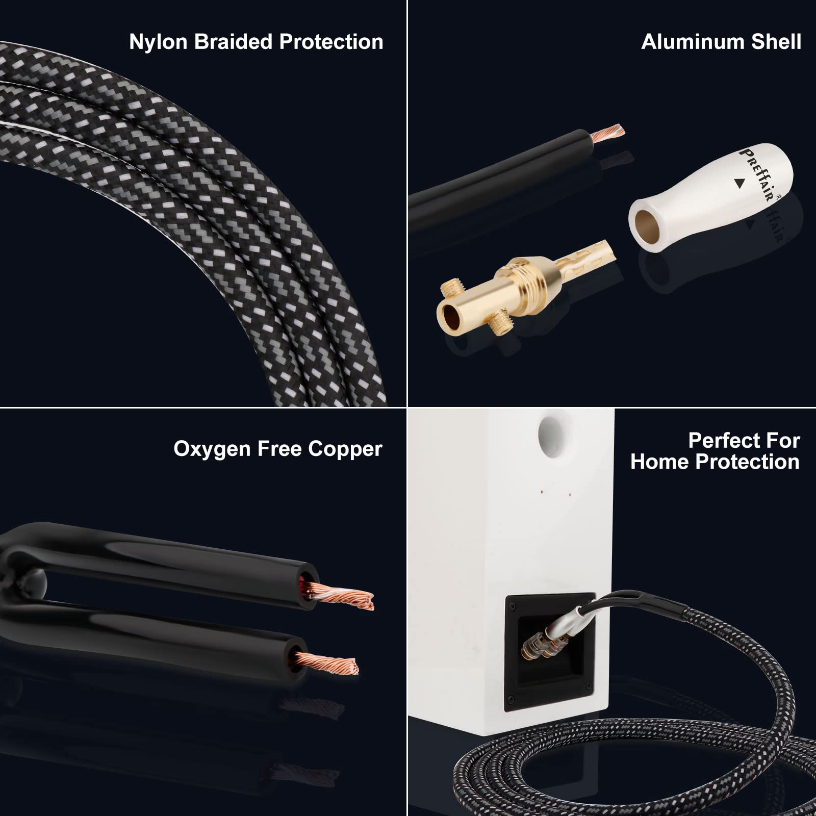 Preffair 14AWG OFC Braided HiFi Speaker Cable with Gold Plated BFA Banana Plugs - 5ft White-Black Audio Wire for Home Theater, Studio Monitors & HiFi Systems