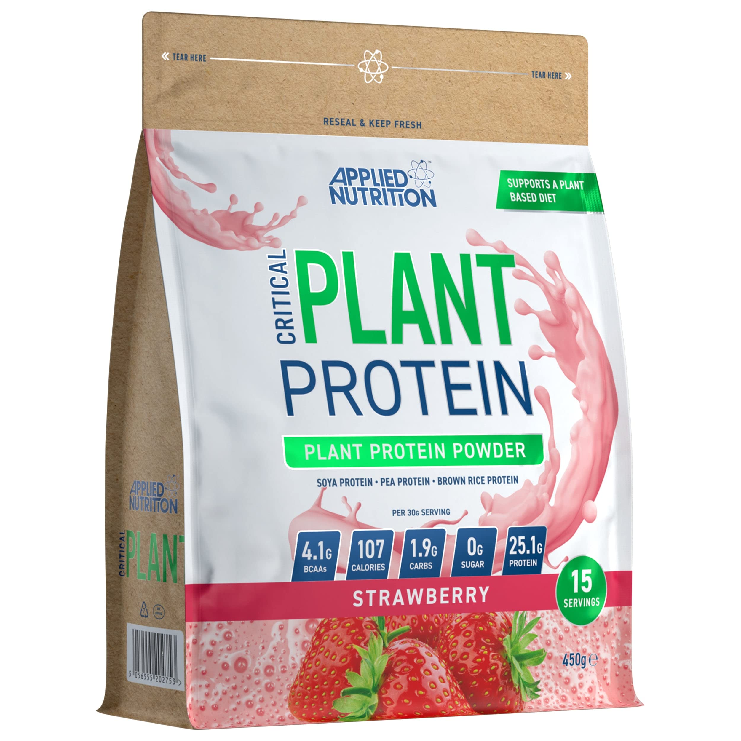 Applied Nutrition Critical Plant Protein Powder - Strawberry Flavor 450g | Vegan Protein Supplement for Muscle Recovery & Weight Loss | Perfect for Post-Workout Shakes & Smoothies