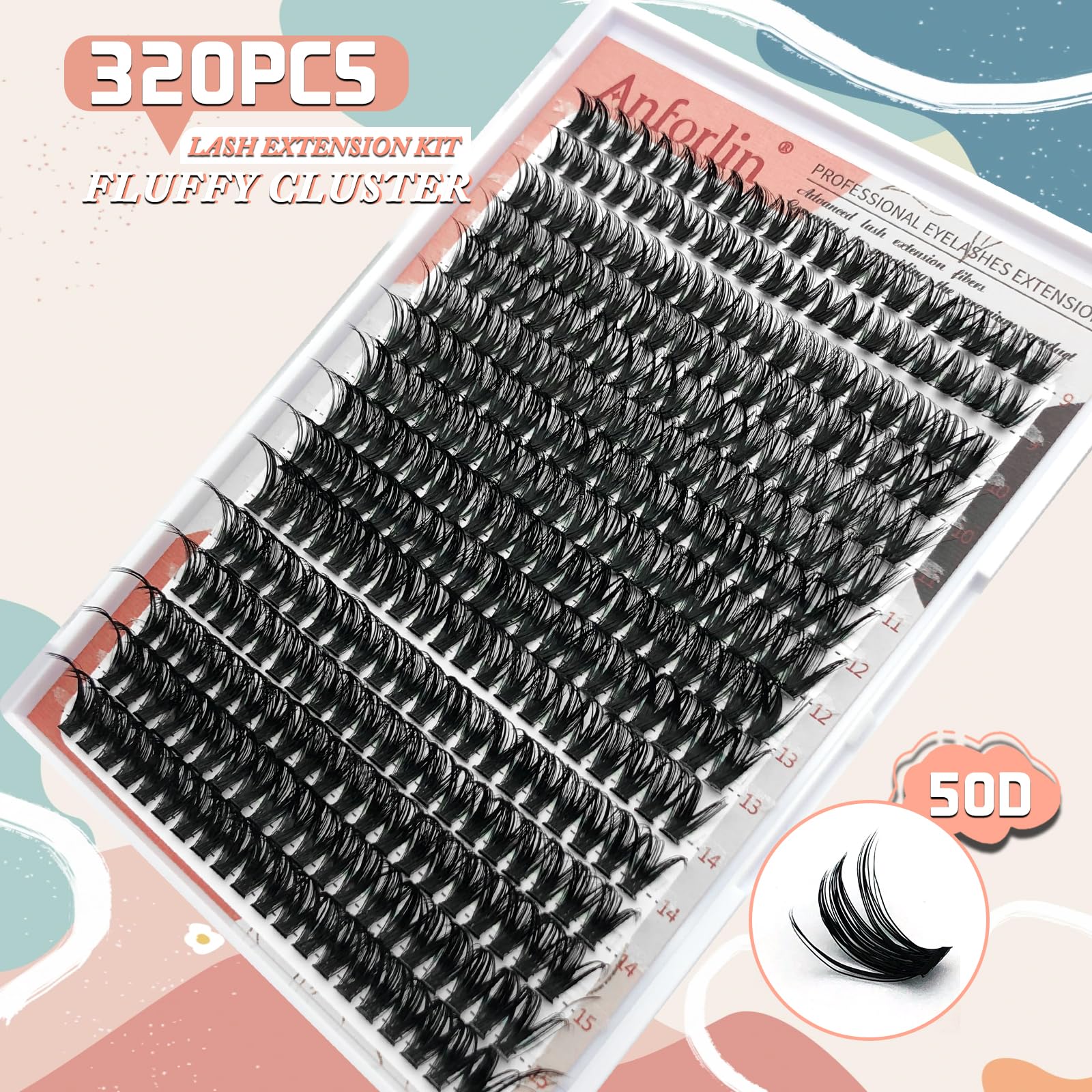 Fluffy 50D Cluster Eyelash Extensions - 320Pcs Thick DIY Lash Clusters (9-15mm) D Curl False Mink Lashes for Beginners - Easy Self Application at Home | Perfect for Daily Wear, Parties & Special Occasions | by Anforlin