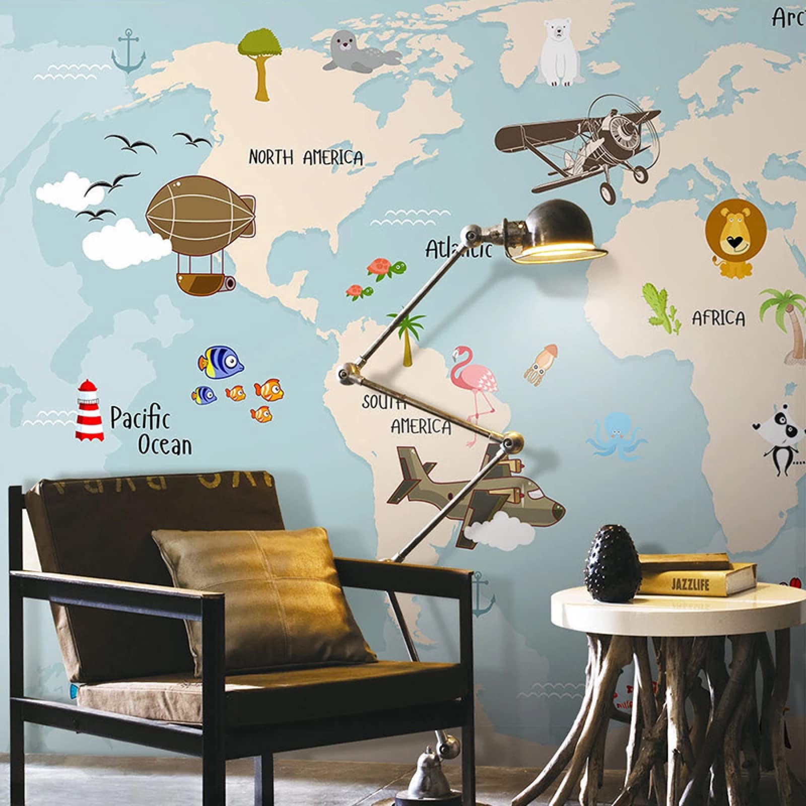 Cartoon Animal World Map Wall Mural - Self-Adhesive Removable Wallpaper with Sailboat & Airplane Design for Living Room & Bedroom Decor | Perfect for Kids Room, Nursery, Classroom & Office Background