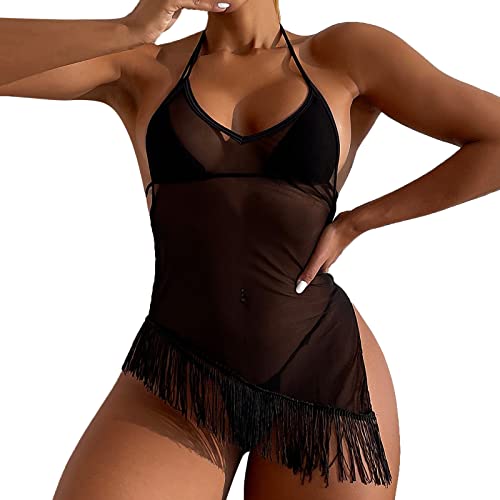 Women's Slimming Swimwear - 1PC Mesh Cover Up Dress with Halter Neckline & Fringe Detail, No Lingerie Required | Perfect for Beach, Poolside & Vacation Wear