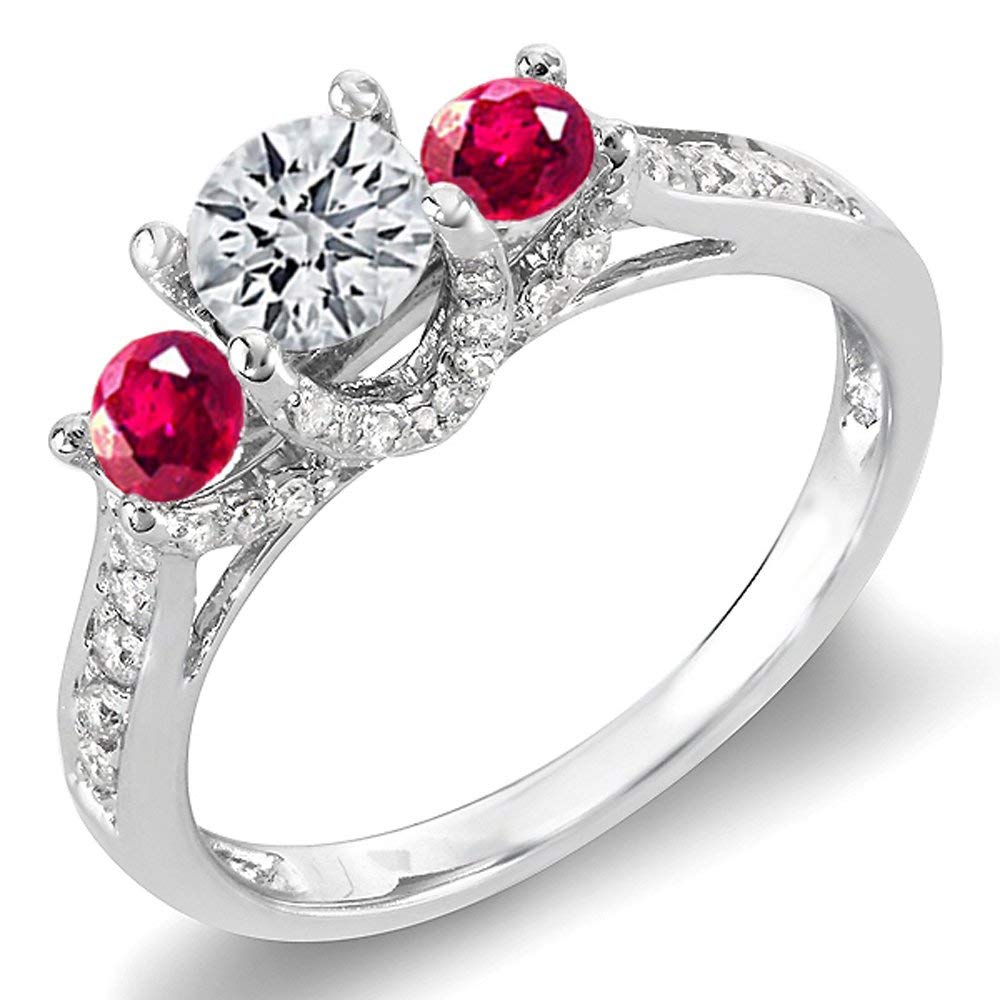 Dazzlingrock Collection 10K White Gold Round White Diamond & Ruby 3-Stone Women's Bridal Engagement Ring – Perfect for Proposals, Anniversaries, and Special Occasions