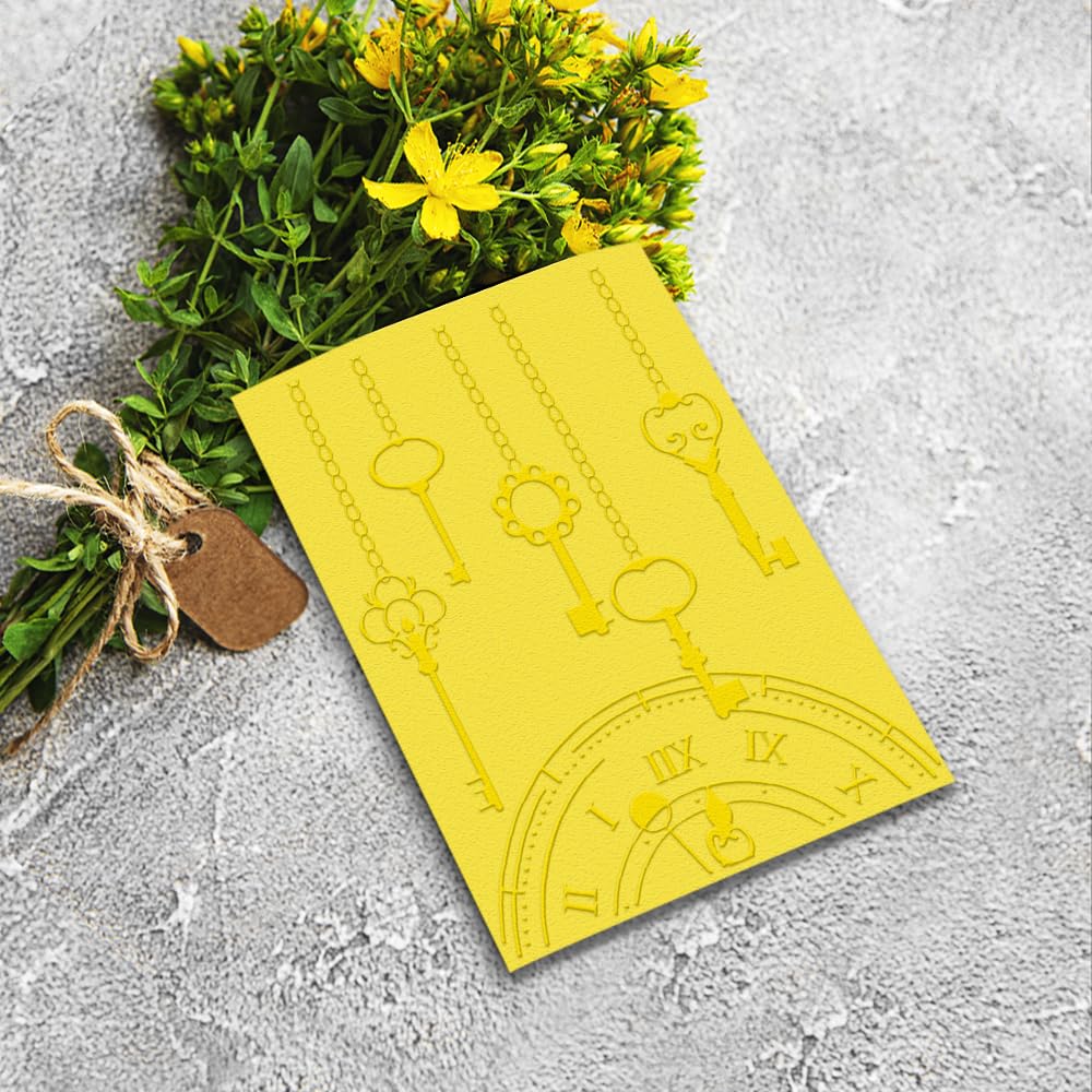 Vintage Clock Key Plastic Embossing Folders for Card Making - 3D Textured Greek Key Design DIY Craft Templates | Perfect for Scrapbooking, Photo Albums, and Mechanical Clock Themed Projects | Enhance Your Paper Crafts with Elegant Patterns