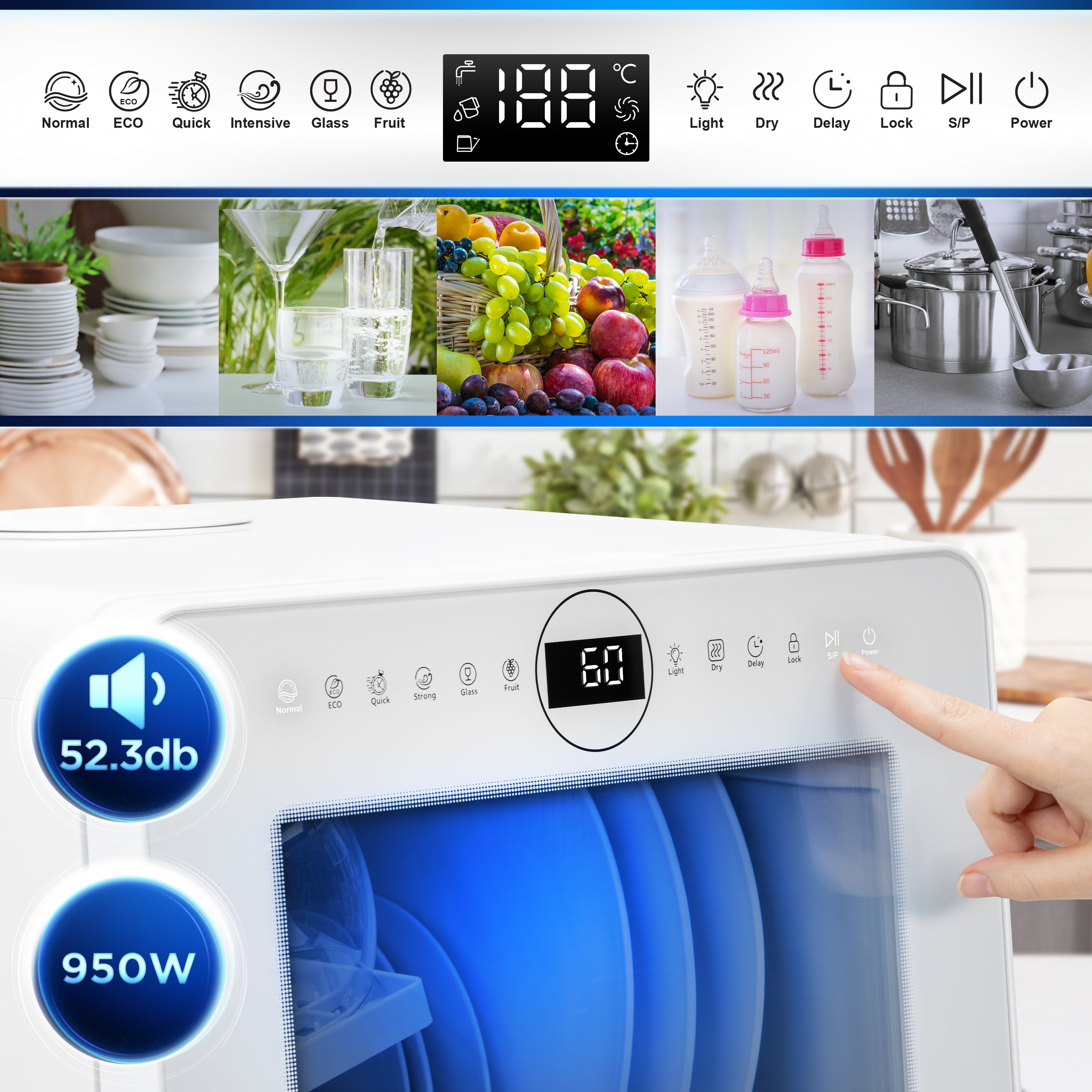 Duronic DW5 WE 950W Compact Tabletop Dishwasher - 5L Mini Dish Washer with 8 Wash Cycles | Eco-Friendly Electric Countertop Cleaner for Plates, Glass, Cutlery & Fruits | Perfect for Small Kitchens, Apartments & RVs (White)