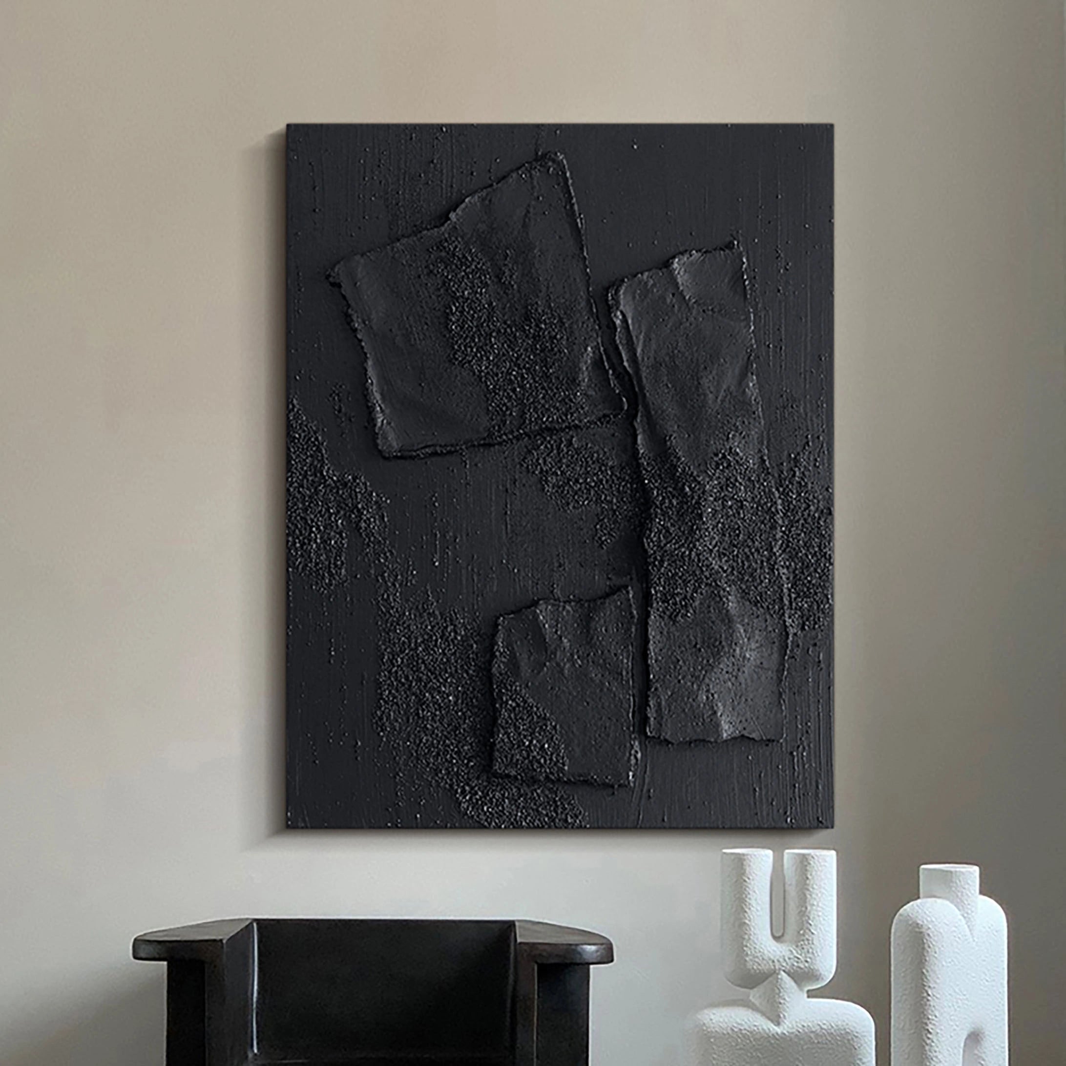 Black Plaster Art Minimalist Textured Painting - Modern Abstract Wall Decor for Living Room, Bedroom & Office | Vertical Canvas Art #MZ004