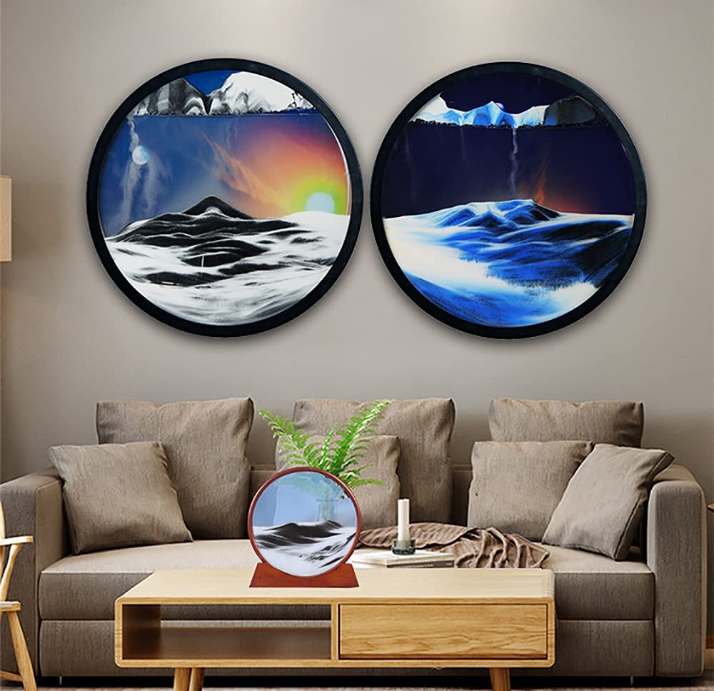 XIW Moving Sand Art Picture - 3D Deep Sea Sandscape in Motion, Round Glass Sand Painting for Wall Decor, Office, Bedroom & Hotel | Unique Home & Office Décor, Stress Relief & Meditation Gift