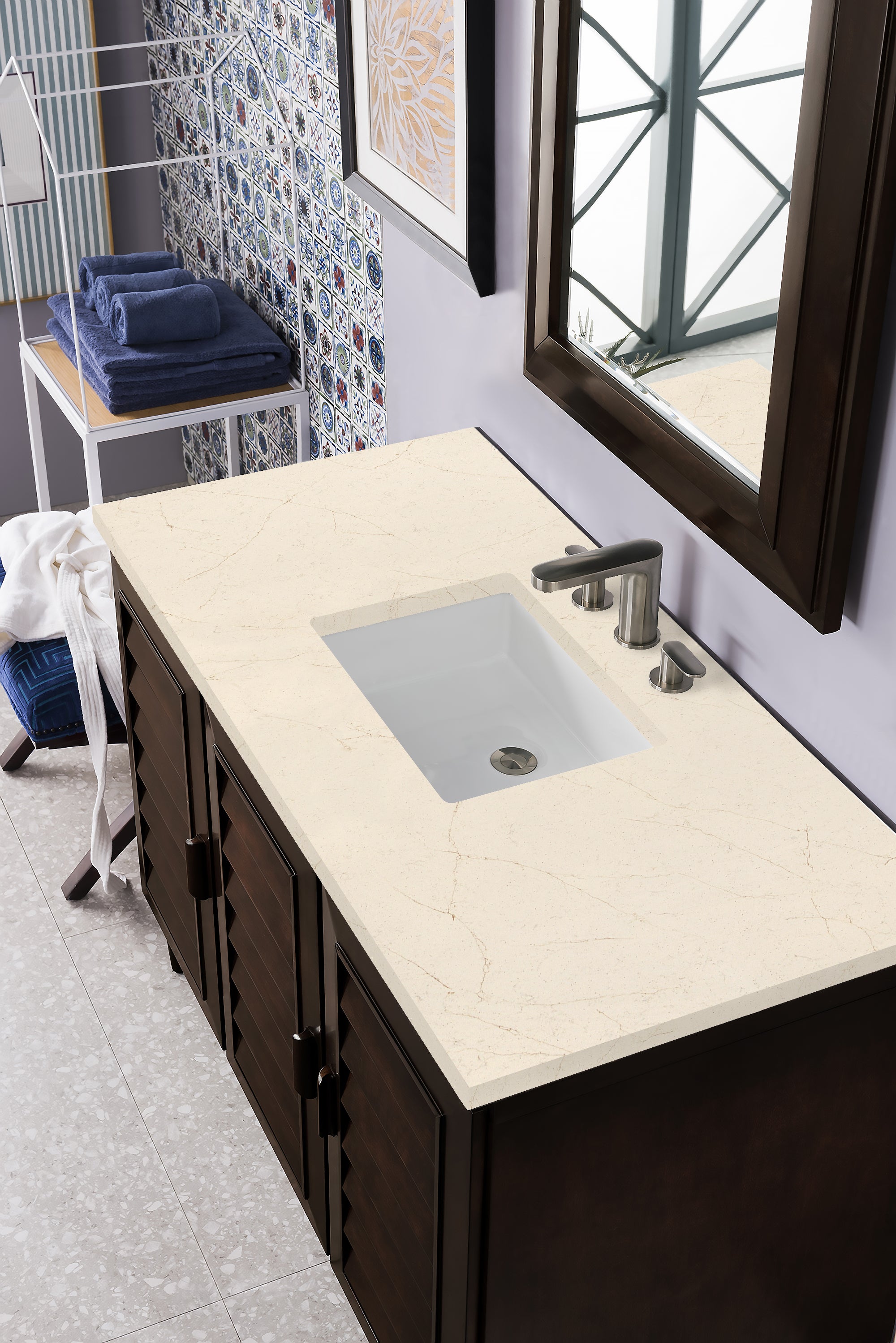 Portland 48 Inch Single Bathroom Vanity with Burnished Mahogany Finish and 3CM Eternal Marfil Quartz Countertop - Perfect for Modern Master Bathrooms and Powder Rooms