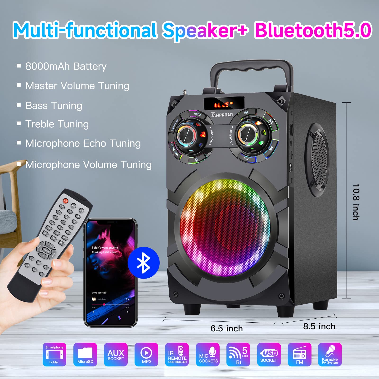 60W Powerful Bluetooth Speaker with Deep Bass Subwoofer - Wireless Portable Speaker with Bluetooth 5.0, FM Radio, LED Lights & 8000mAh Battery - Ideal for Home Parties, Outdoor Gatherings, Karaoke & Gift Giving