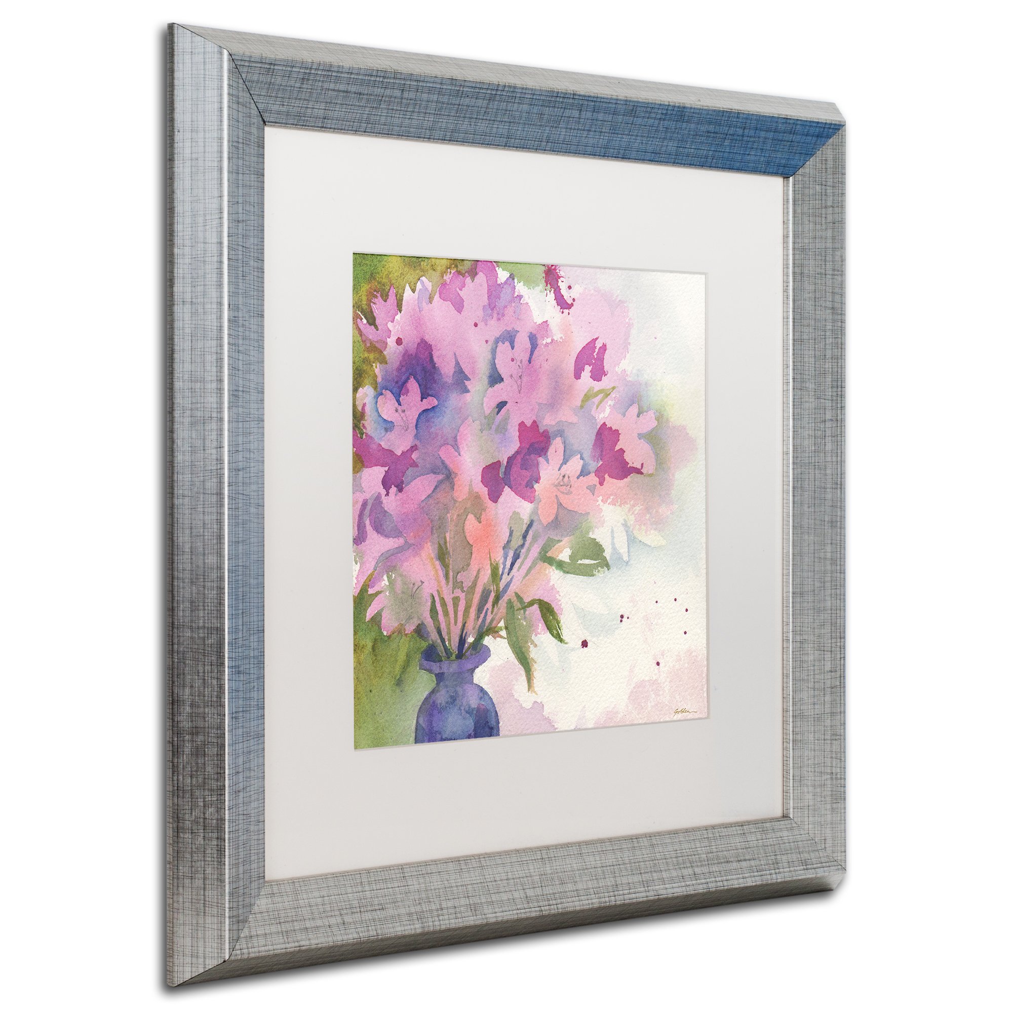 Trademark Fine Art Sheila Golden Magenta Blossoms in Blue Vase - 16x16 Inch White Matte with Silver Frame - Floral Wall Art for Living Room, Bedroom & Office Decor