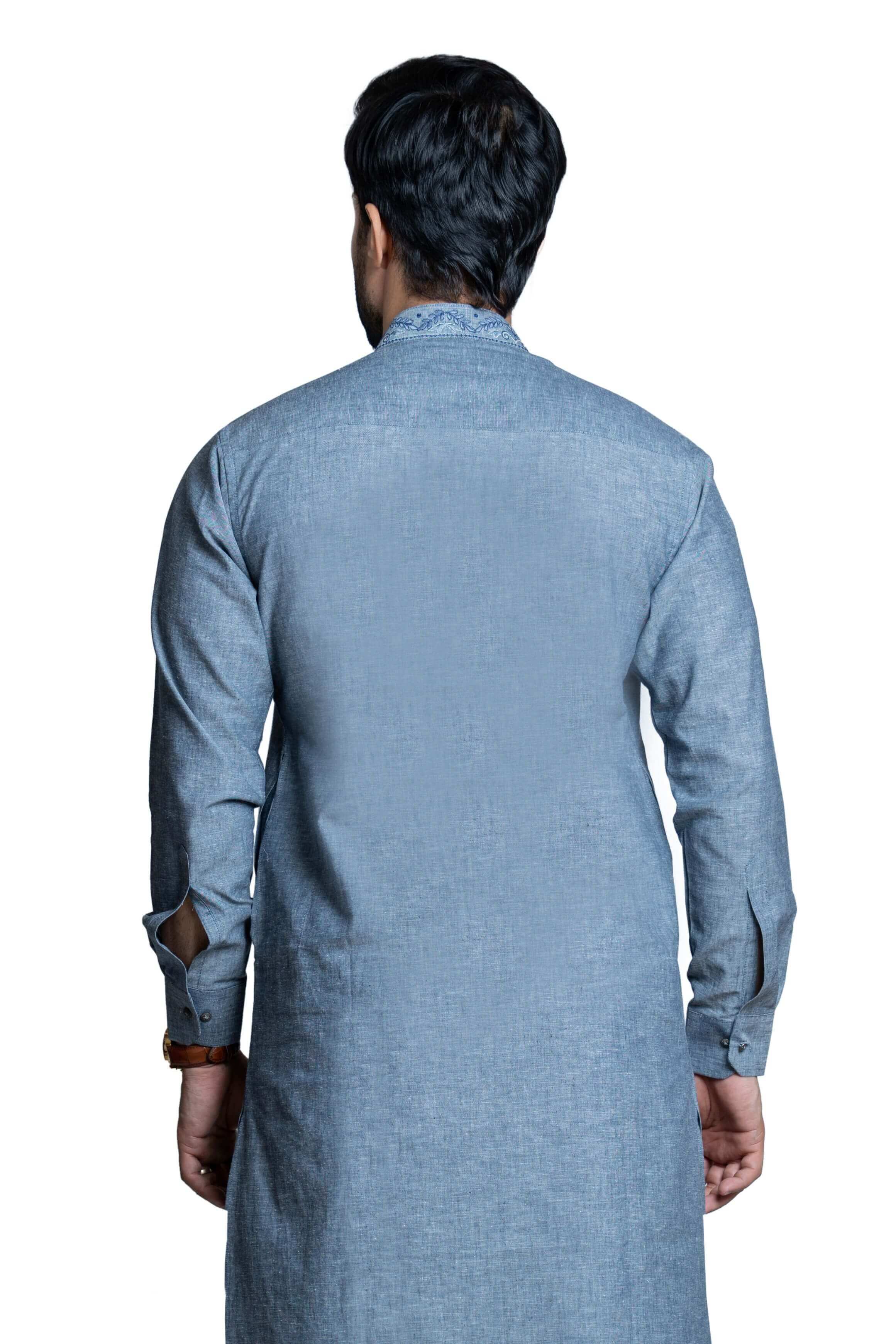 Grey & Blue Embroidered Linen Kurta Pant Set - Classic Fit for Men | Traditional Indian Ethnic Wear for Weddings & Festivals