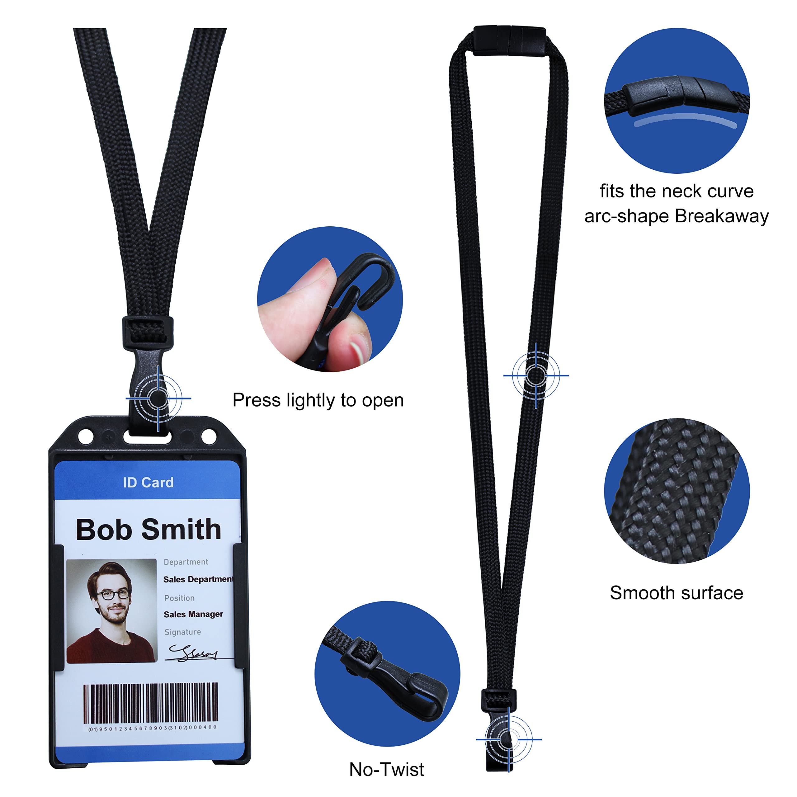 Breakaway Lanyards for ID Badges - No-Twist Plastic Hook for School & Hospital Use