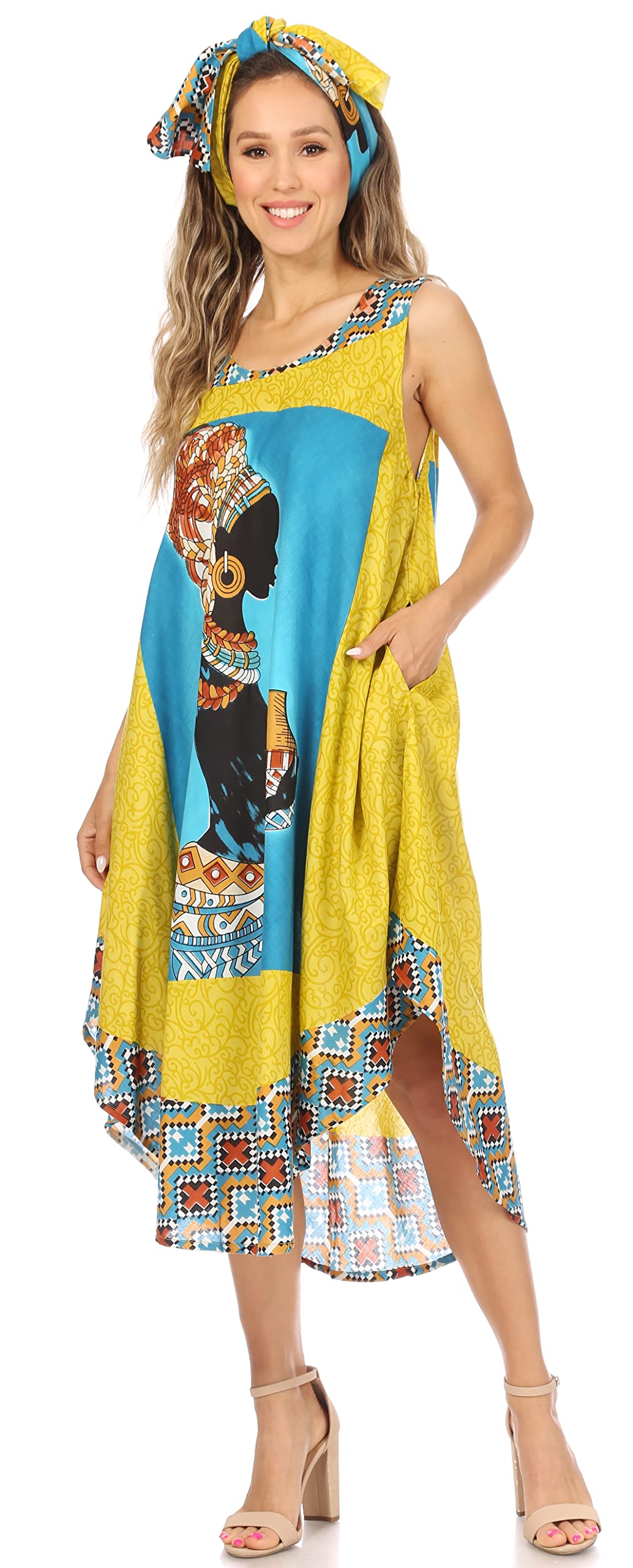 Sakkas Urbi Women's African Print Beach Cover Up Dress - Sleeveless Casual Caftan for Summer Vacation, Pool Party & Boho Outfit