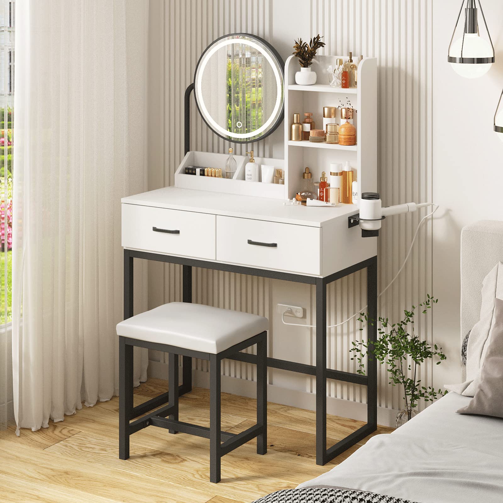 Elegant Makeup Vanity Desk with LED Lights & Mirror - 3 Lighting Modes, Spacious Storage, 31.5 Inch Compact Dressing Table for Bedroom | Perfect for Beauty Routines, Small Spaces & Gift Giving