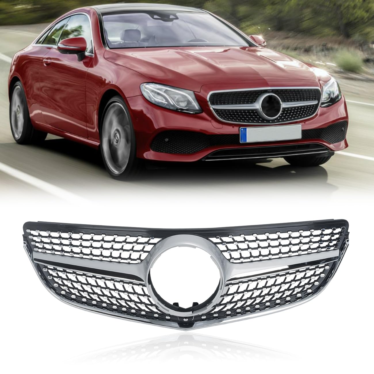KARPAL Diamond Grille Grill for 2014-2017 Mercedes Benz W207 E-Class Coupe - Silver Chrome Mesh Front Bumper Replacement | Enhances Luxury Style for Car Shows & Daily Driving