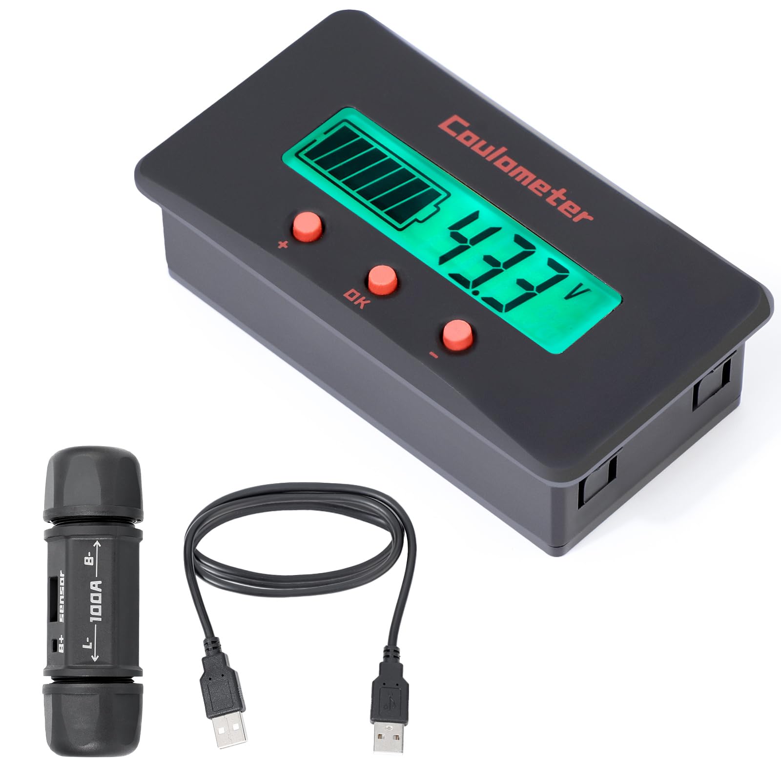 DROK DC Multi Tester 8-120V 100A with Wide Angle Curved Screen - Digital Volt Amp Watt Capacity Battery Monitor for 12V 24V 36V 48V 110V Systems - Includes Shunt & 2m USB Cable - Perfect for Marine, Car, RV, Solar & Off-Grid Power Monitoring