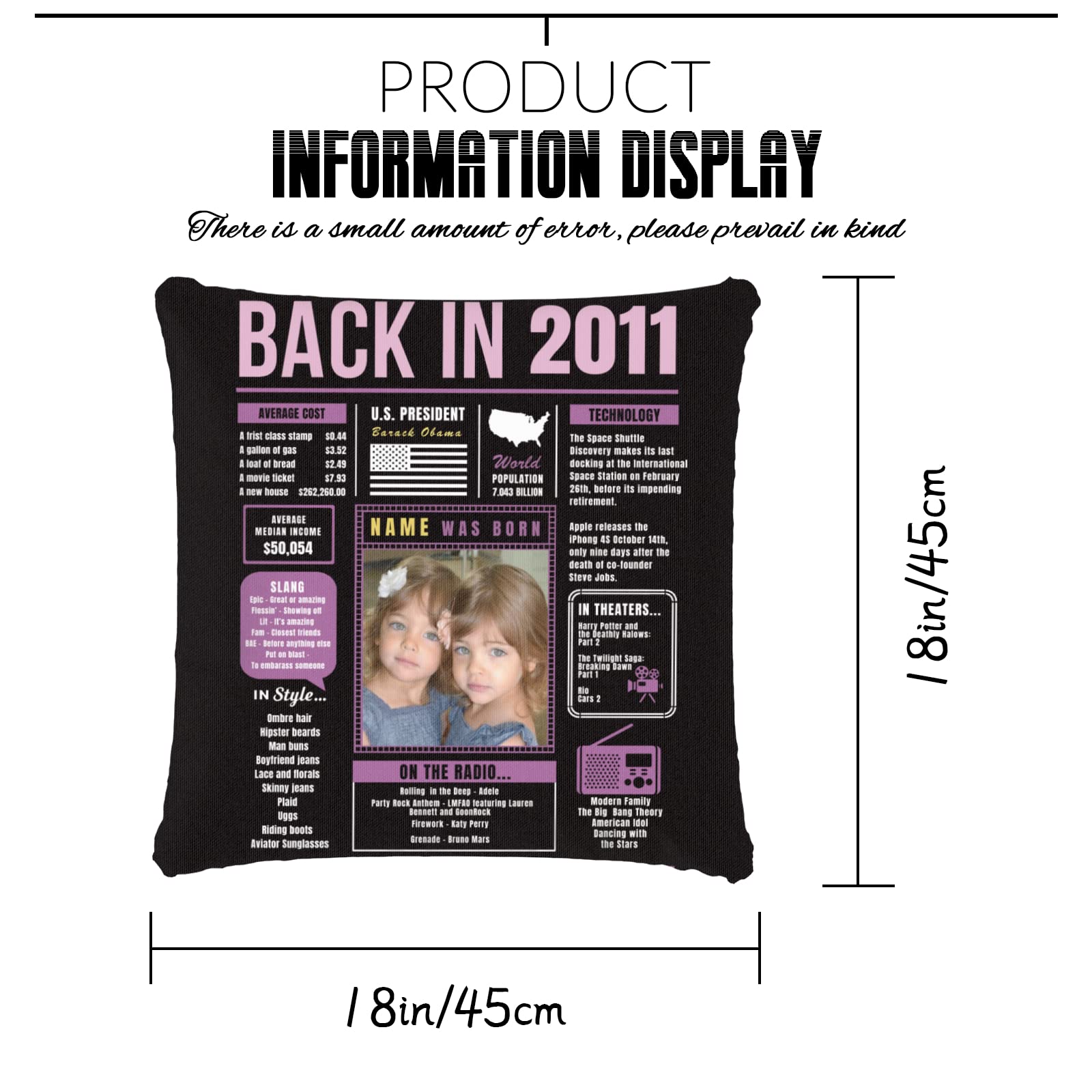 13th Birthday Decorations for Girls & Boys - Purple Custom Throw Pillow with Super Soft Cover (2011 Theme) | Perfect for Teen Birthday Parties, Sofa Decor & Unique Gifts for Men & Women