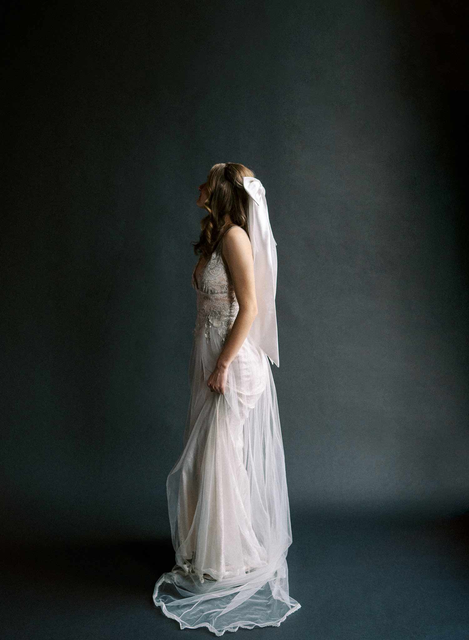 Elegant Silk Wedding Hair Bow with Long Tails & Pearl Mini Veil - Style #2575 | Perfect for Bridal Accessories, Bridesmaids & Special Occasions